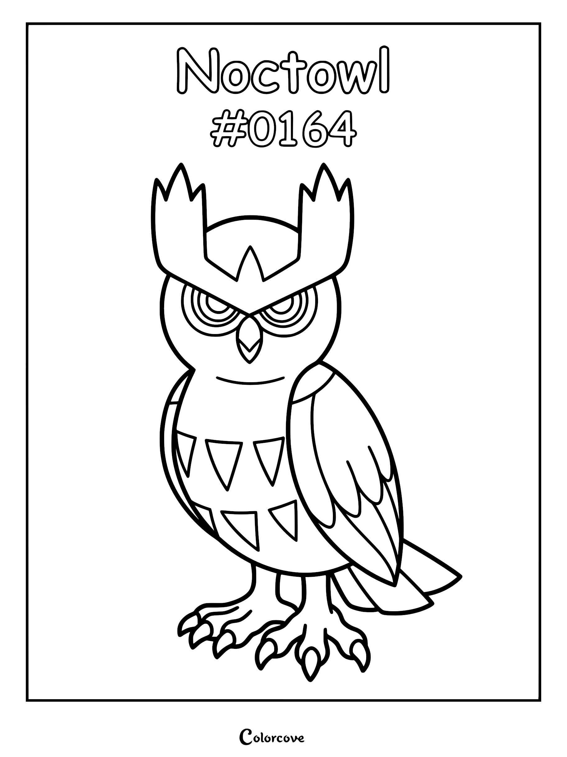 A printable Noctowl coloring page featuring the Johto owl Pokemon with its signature triangular chest markings and brow crest.