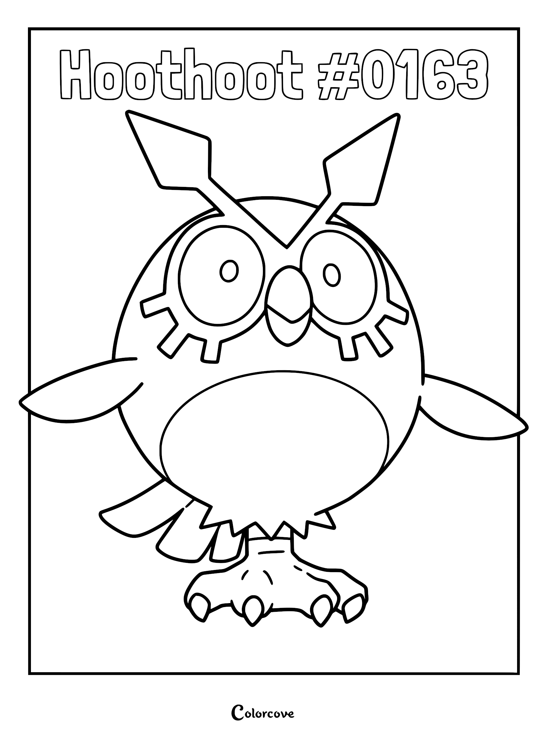 A printable Hoothoot coloring page featuring the owl Pokemon standing on one leg with large circular eyes and arrow-shaped crests.