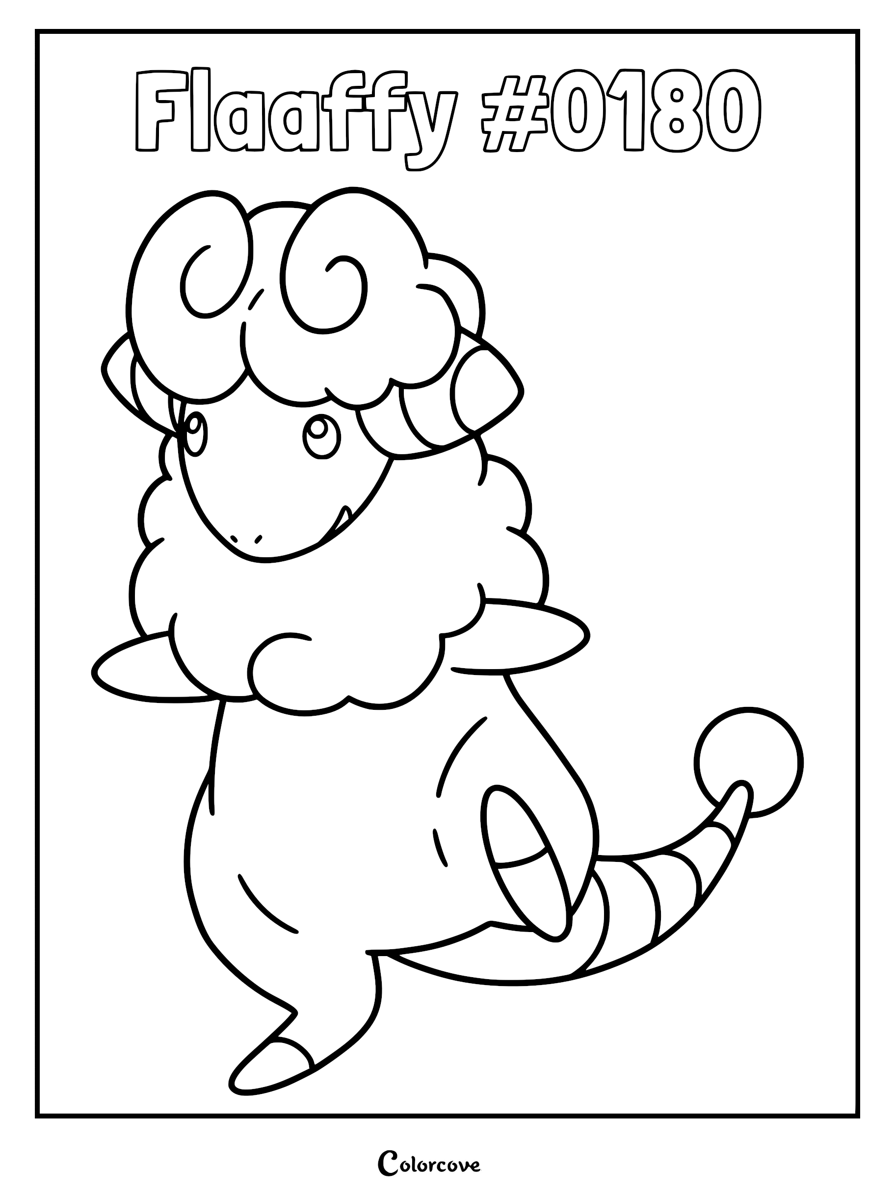 Flaaffy standing in a dynamic pose on a printable coloring page with its signature woolly head and striped tail.