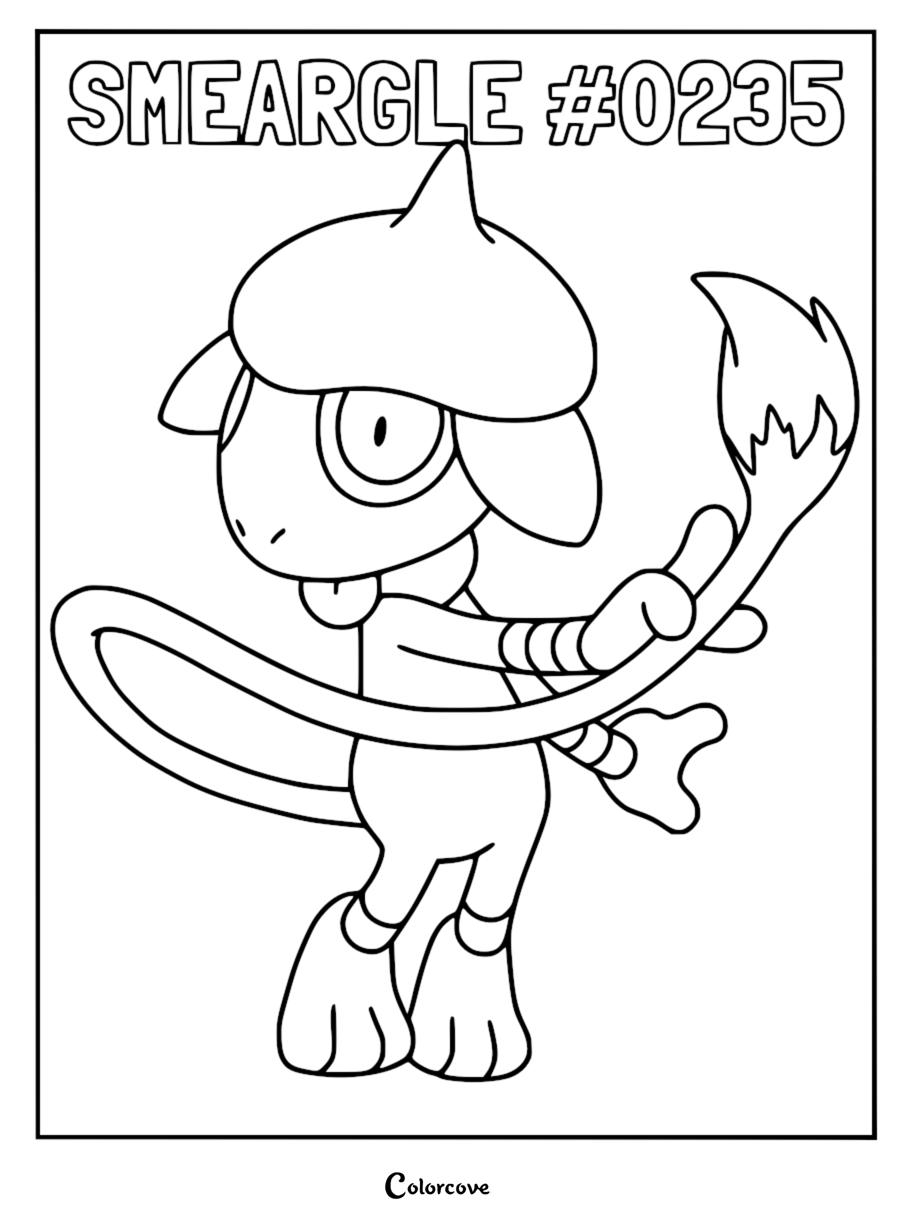 Smeargle #0235 standing with its paintbrush tail held up in this printable coloring page