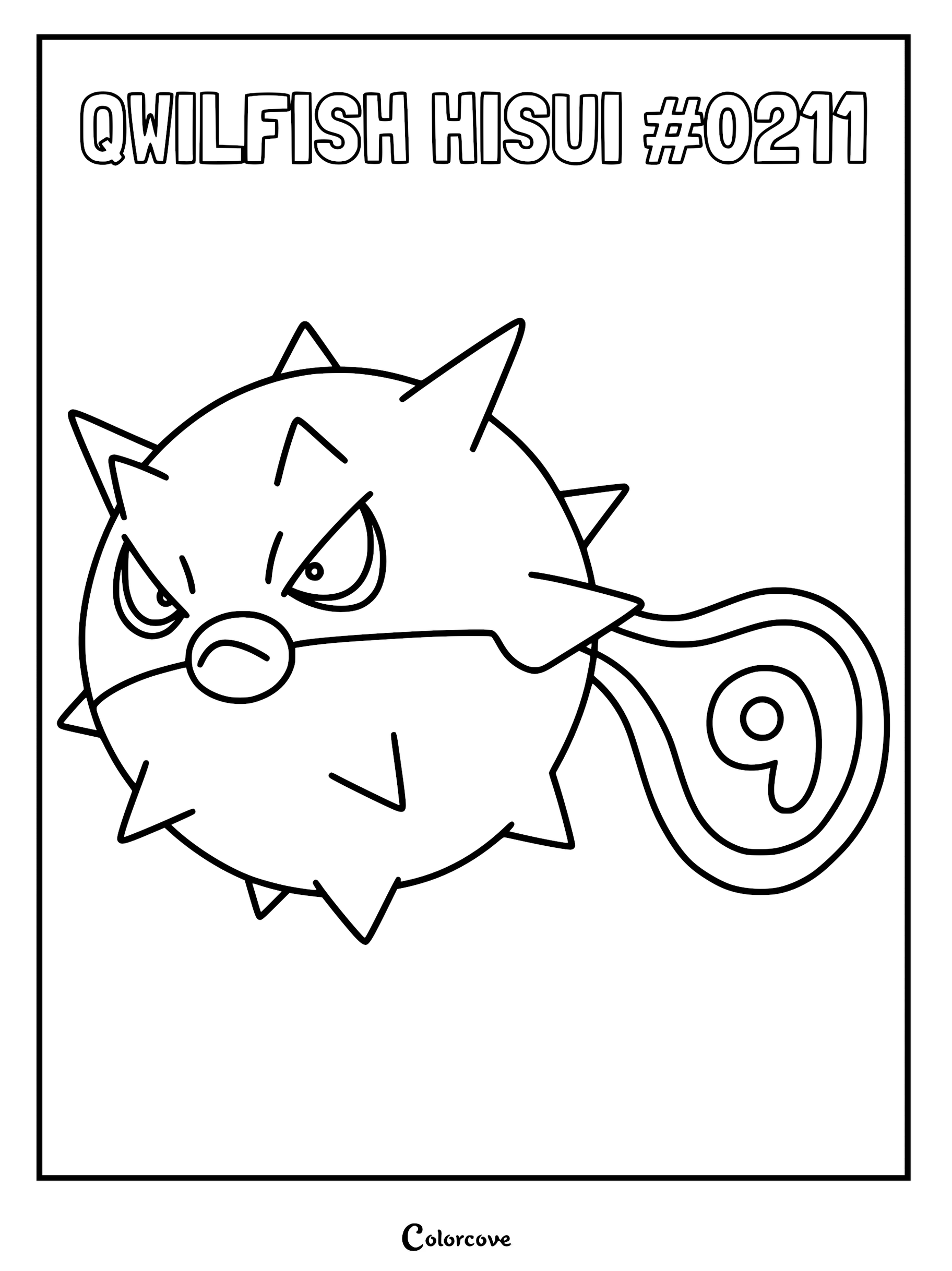 Hisuian Qwilfish with spiky body and number nine tail pattern coloring page