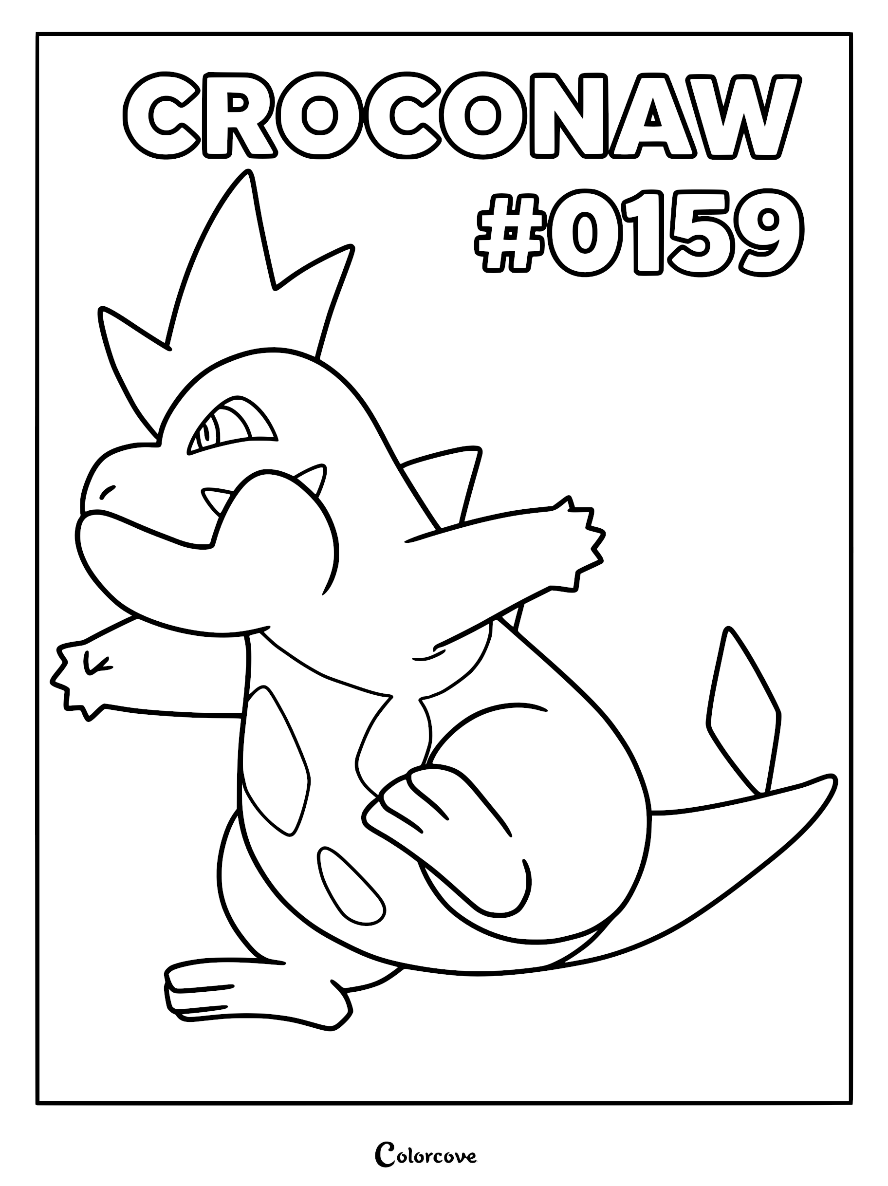 A printable coloring page featuring the Johto Pokemon Croconaw with its signature crest and spotted belly design.