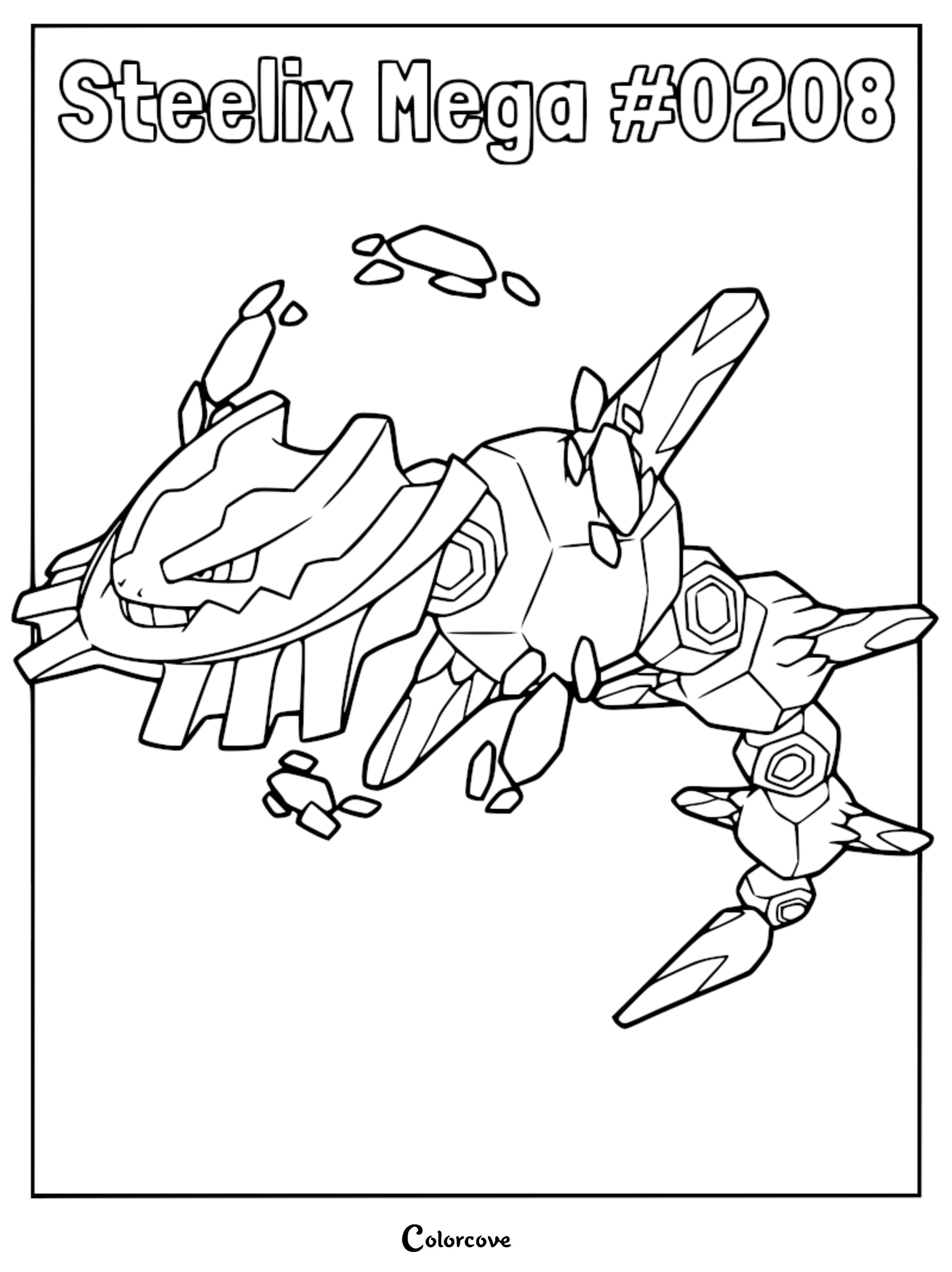 Mega Steelix with jagged crystalline armor in a detailed coloring page.
