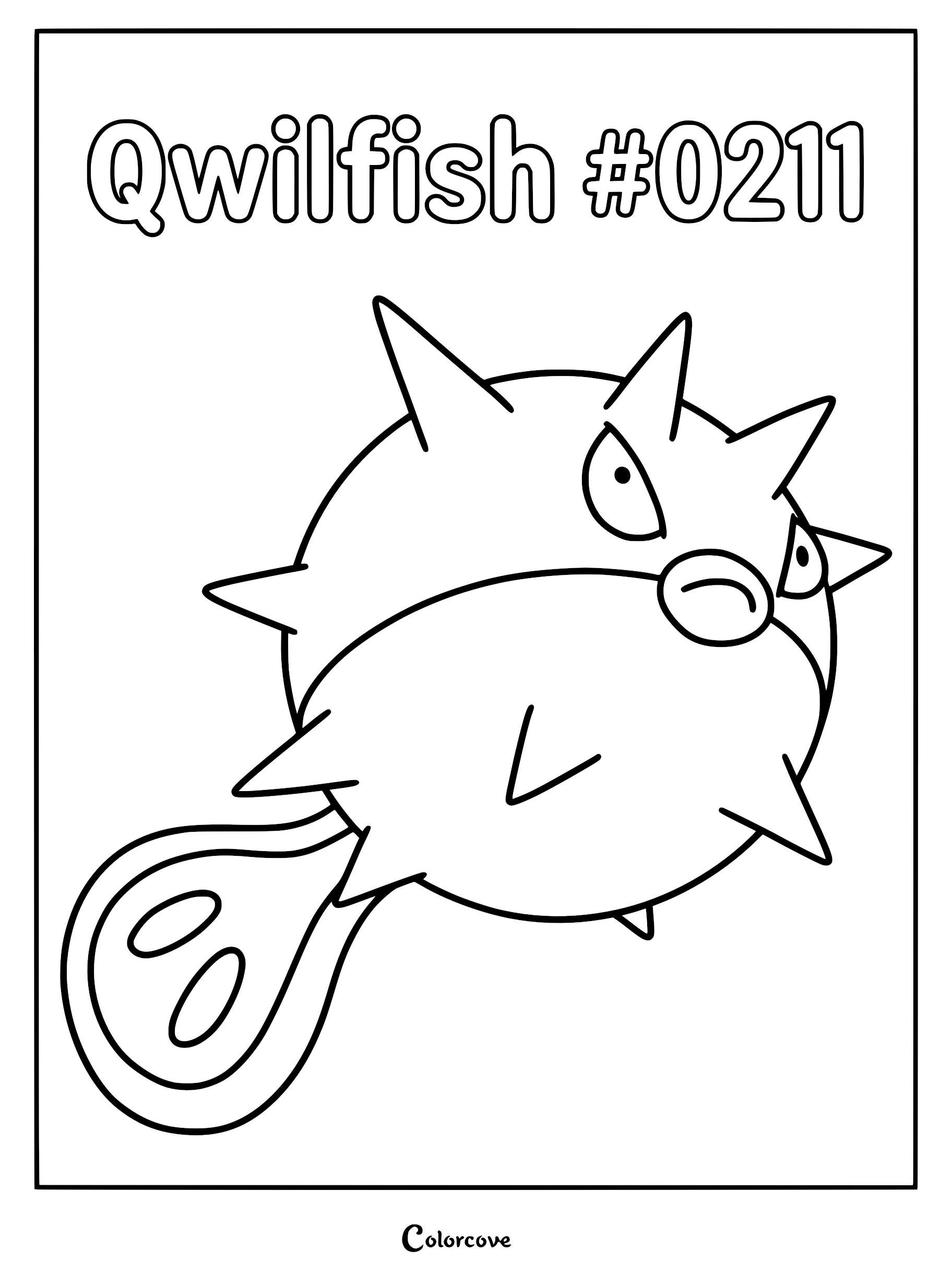 A printable Qwilfish coloring page featuring the spiky Johto Pokemon with its distinct round body and tail.