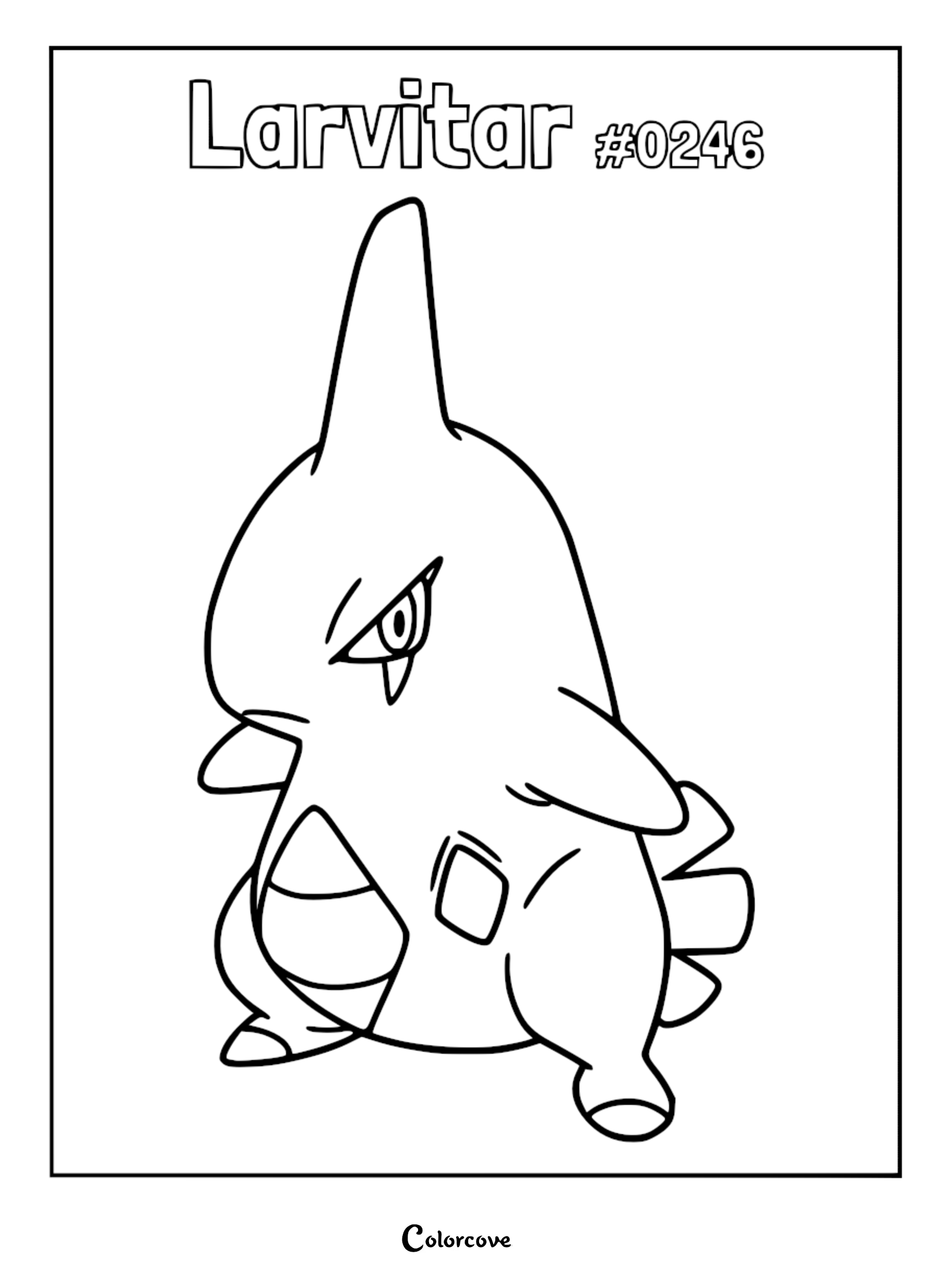 A printable coloring page featuring the Johto Pokemon Larvitar with its signature horn and diamond-shaped belly markings.