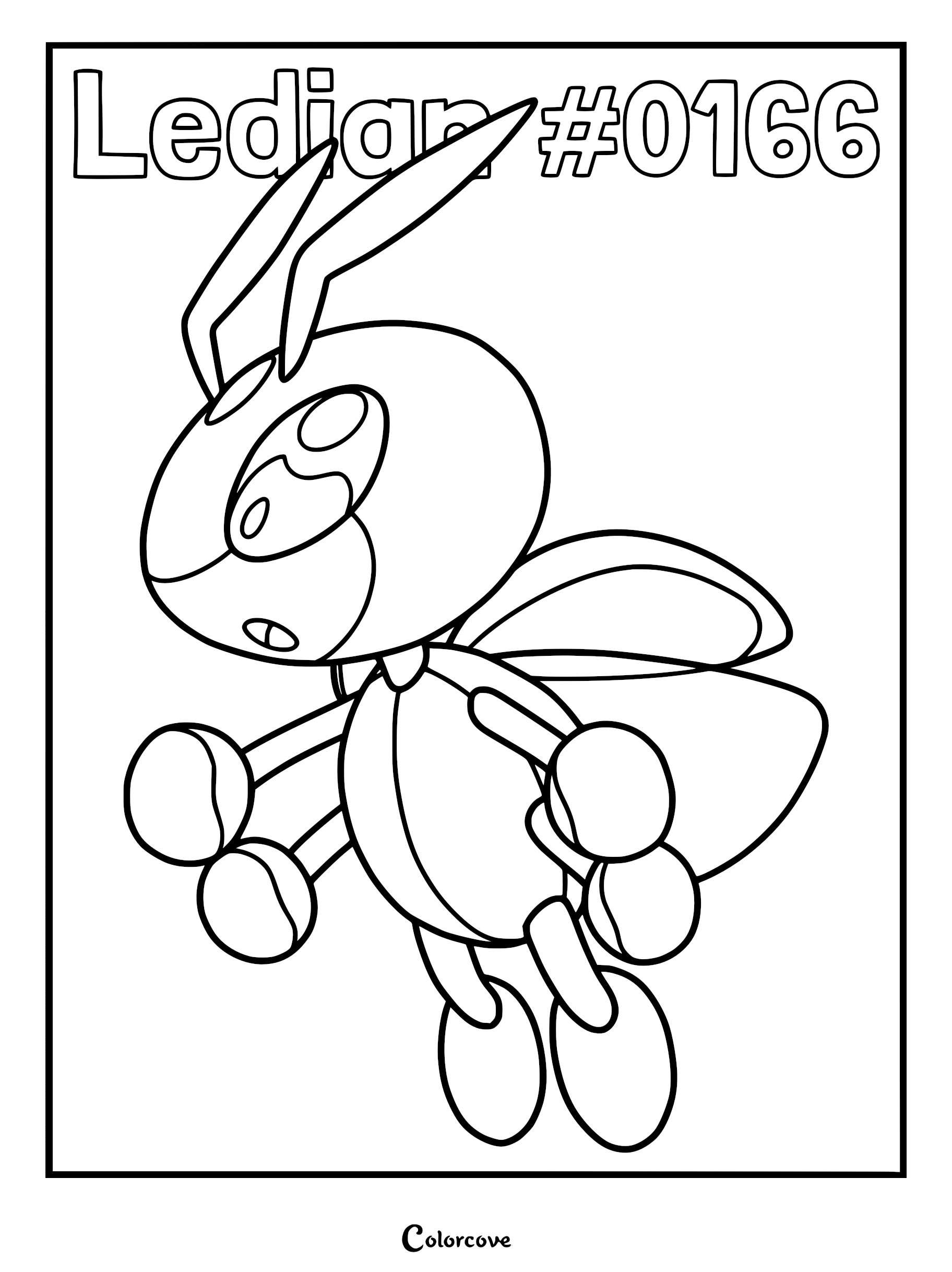 Ledian Pokemon Johto coloring page featuring the bug-type creature with antennae and wings in a simple line art style.