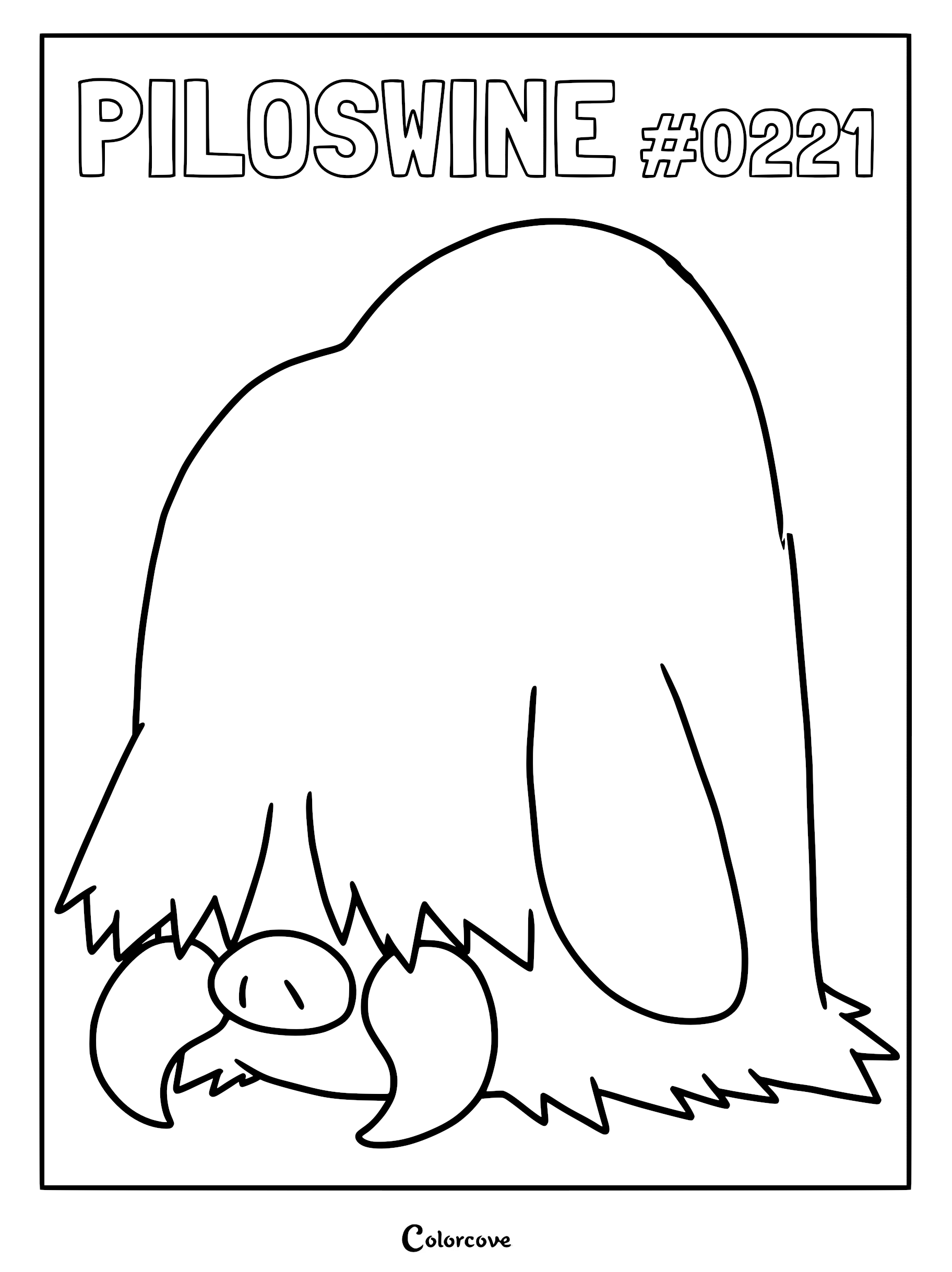 A simple line art coloring page of Piloswine #0221 featuring its shaggy fur and large tusks.