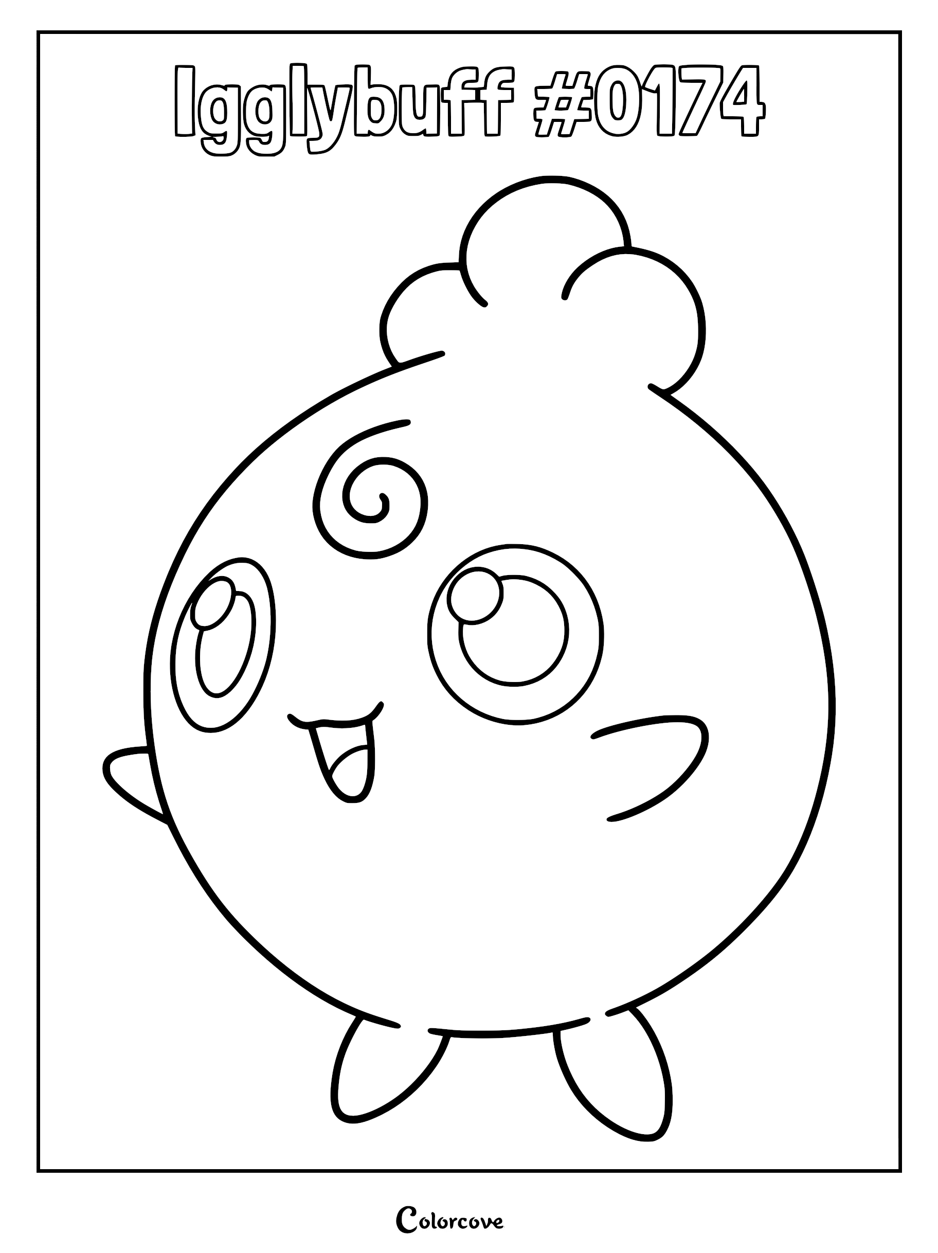 A simple black and white line art coloring page of the round Pokemon Igglybuff with its signature curly tuft and happy expression.