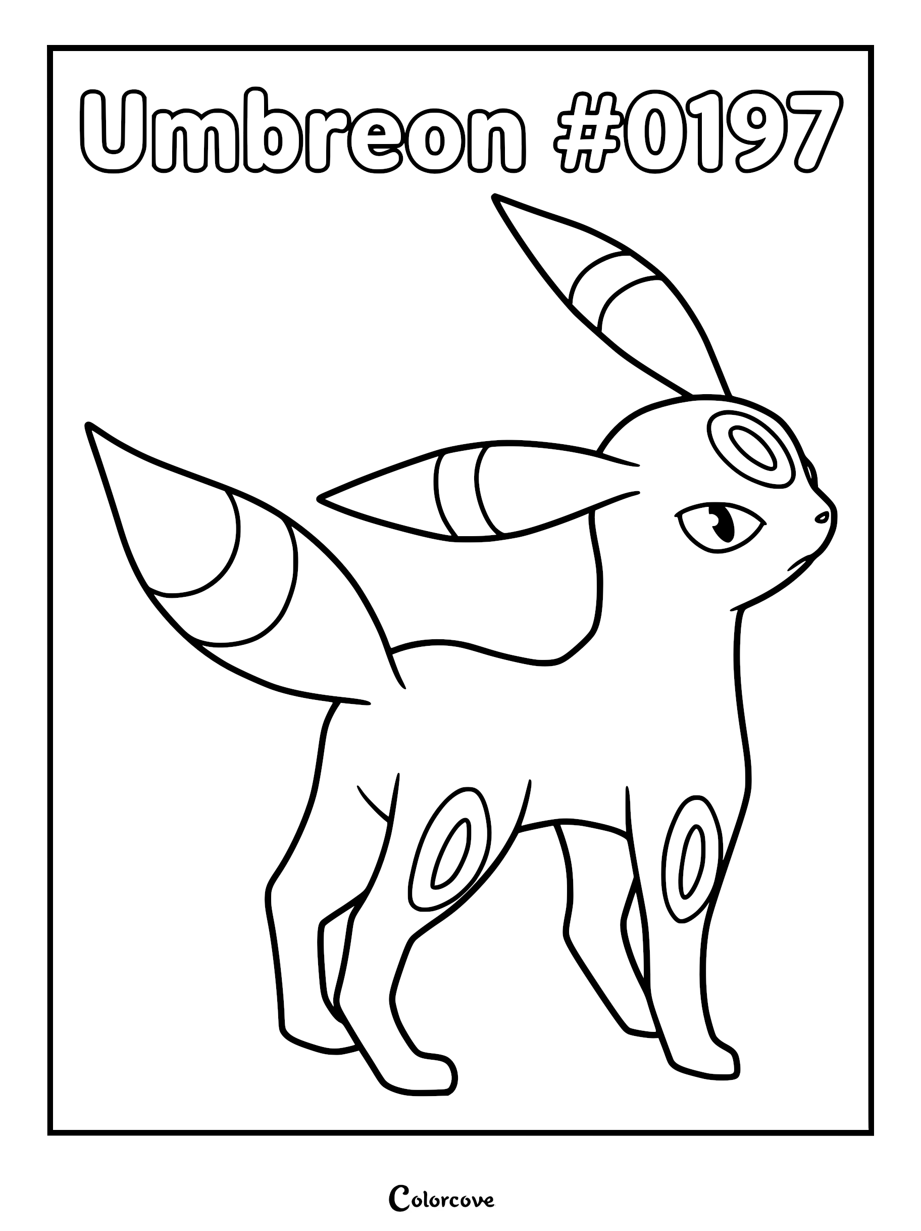 Umbreon standing in profile view with glowing ring markings on a printable coloring page