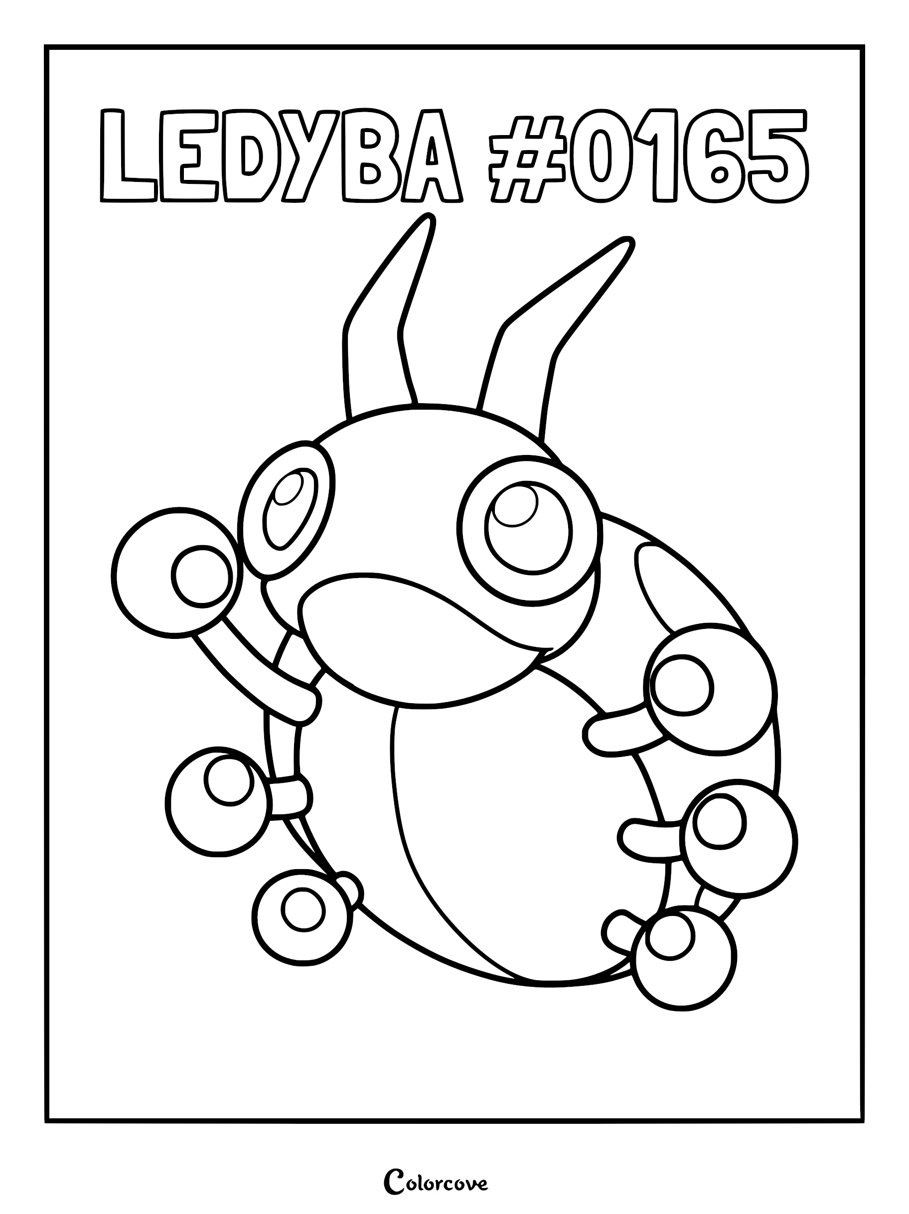 Ledyba #0165 Pokemon Johto coloring page featuring the bug-type creature with antennae and spotted back