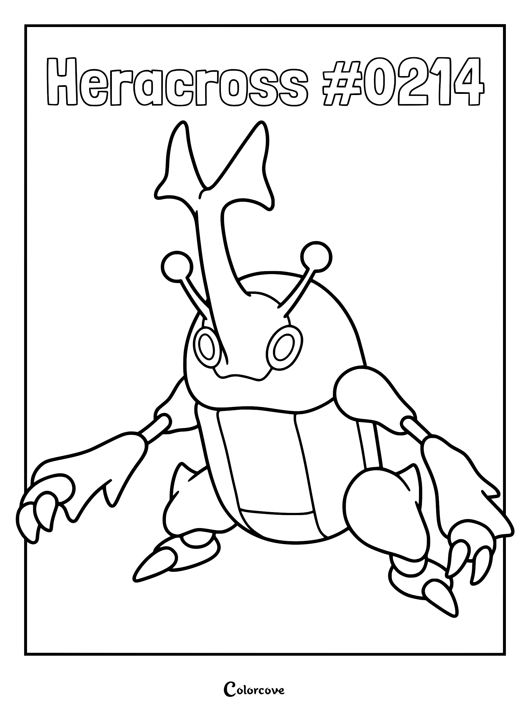 Heracross #0214 standing in a defensive pose on a printable coloring page.