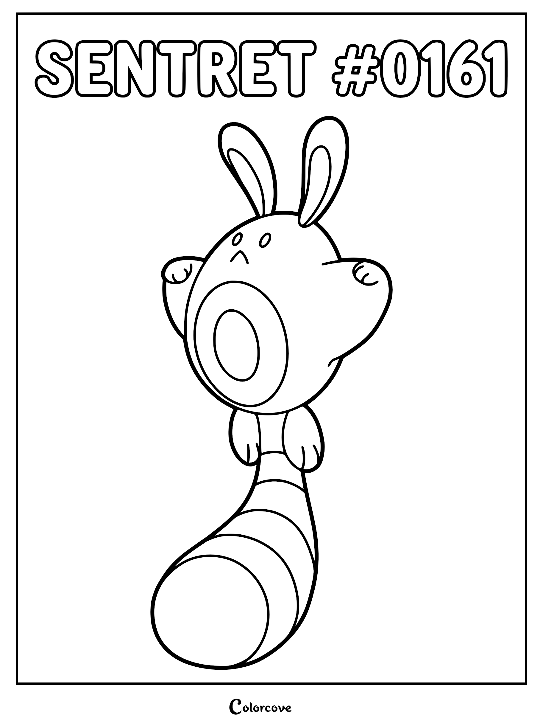 Sentret standing upright on its striped tail, a printable coloring page featuring the Johto Pokemon #0161 with long ears and small arms.