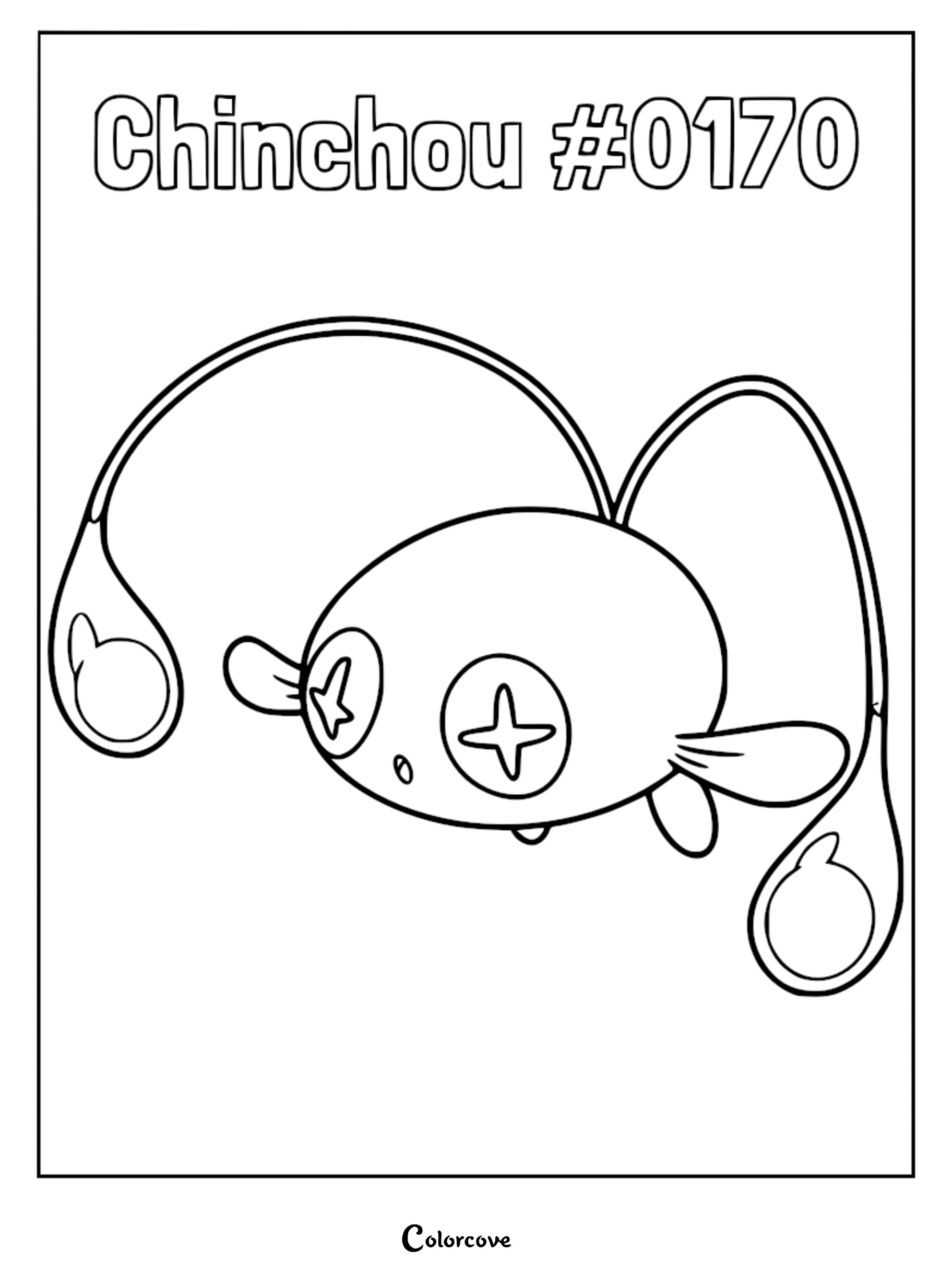 A printable coloring page featuring the Johto Pokemon Chinchou with its signature glowing antennae and cross-shaped eyes.