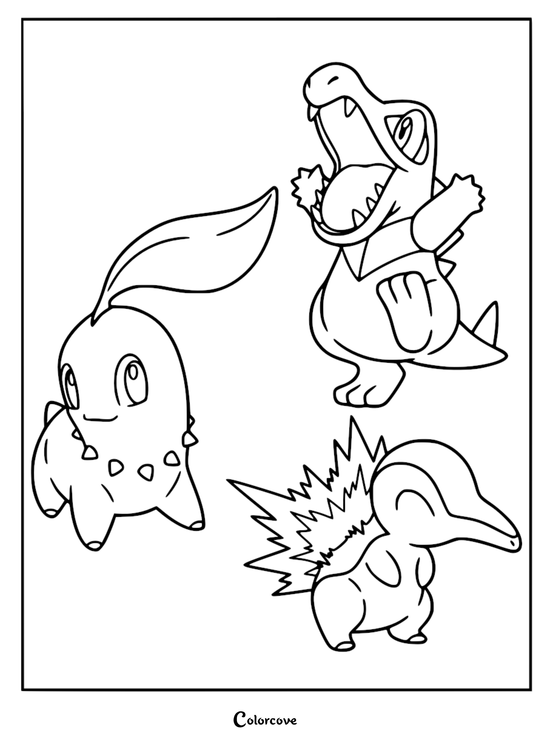 A printable coloring page featuring Johto starters Chikorita, Cyndaquil, and Totodile standing together in a group.