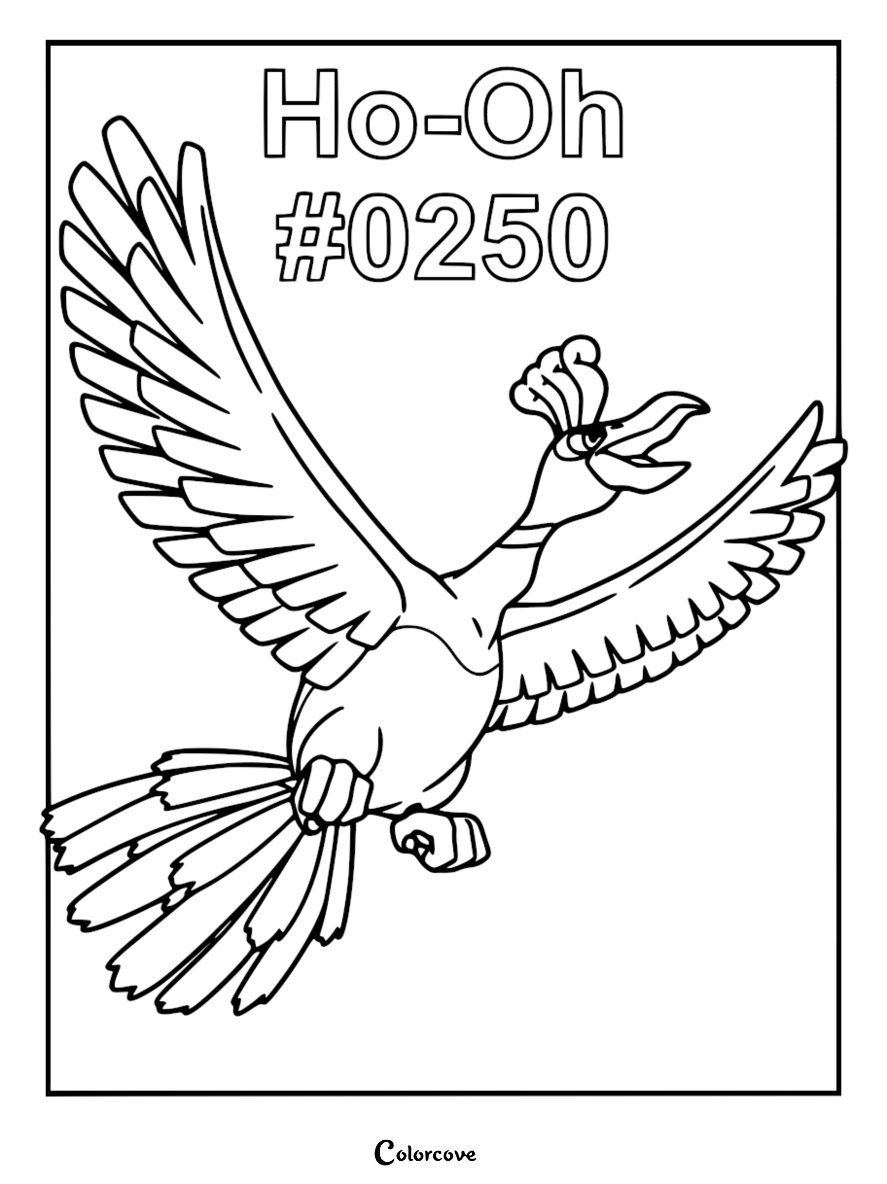 Ho-Oh #0250 flying with wings spread wide in a detailed line art coloring page.