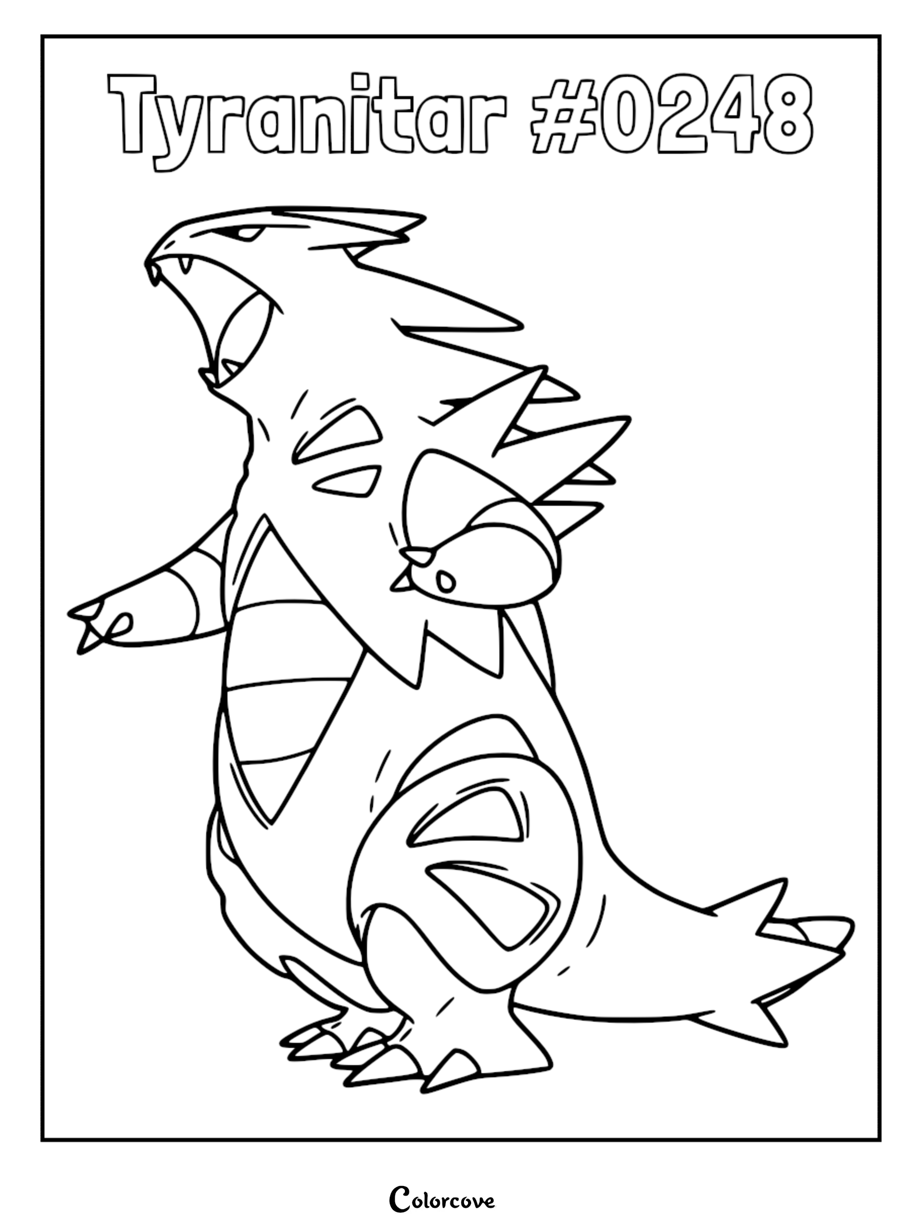 A detailed line art coloring page of Tyranitar roaring with its mouth open, showcasing its armored body and spikes.