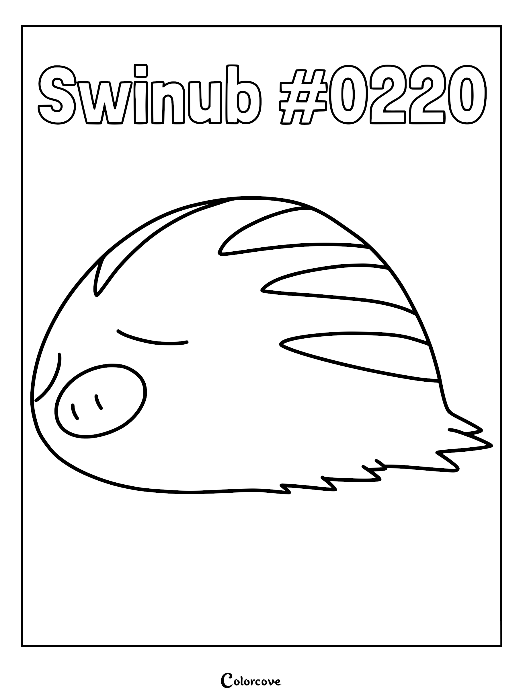 A simple line art coloring page of the Johto Pokemon Swinub, showing its rounded, furry body and pig-like snout.