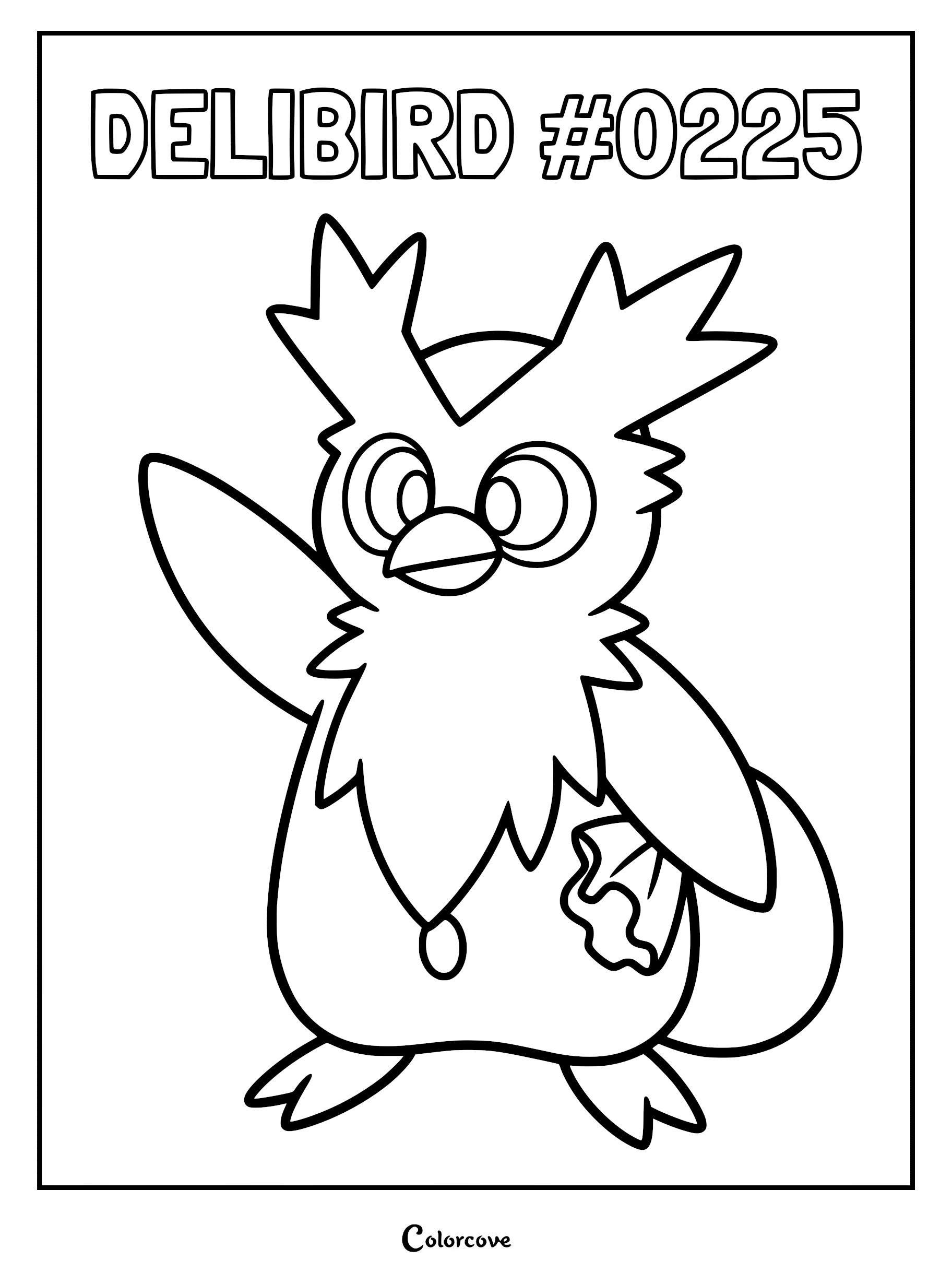 A printable coloring page featuring Delibird #0225 waving with one wing and holding a gift sack.