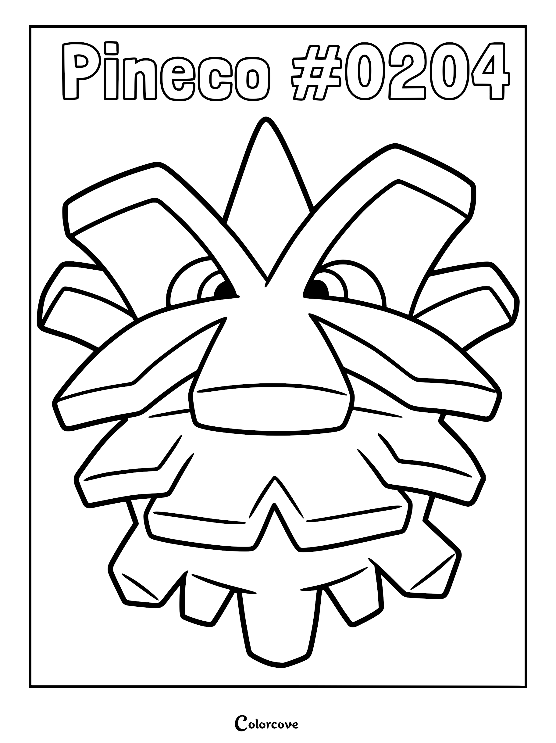 A printable coloring page featuring the Johto Pokemon Pineco with its signature pinecone-like shell and visible eyes.