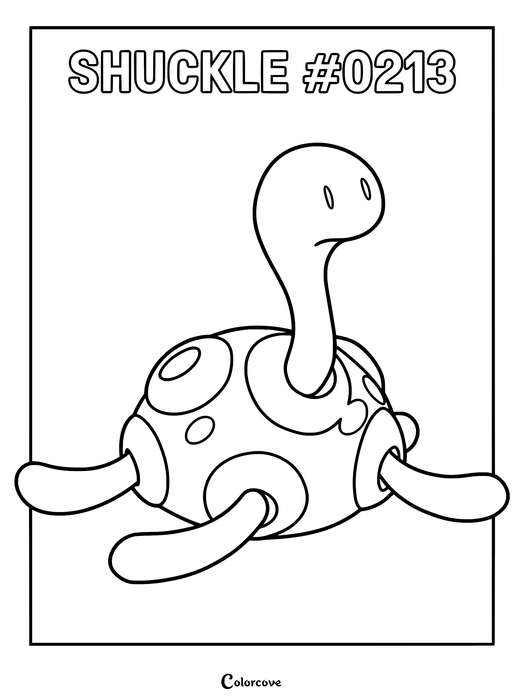 A printable Shuckle coloring page featuring the Johto region Pokemon with its distinct shell and long neck.