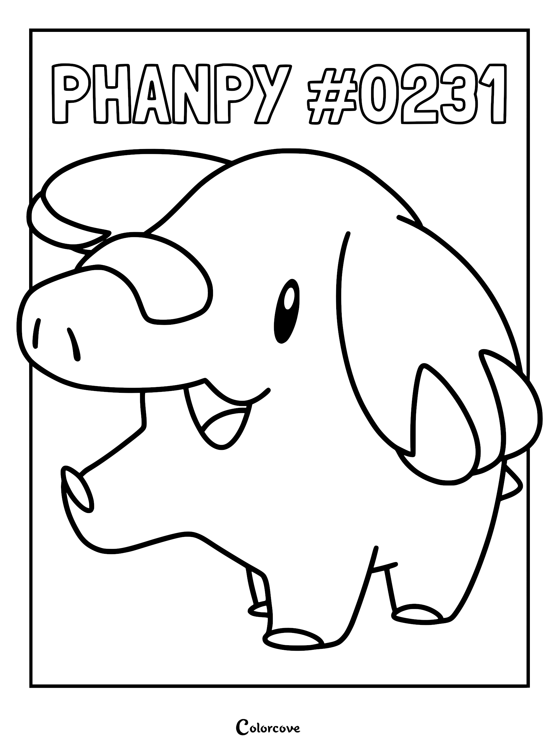A clean line art coloring page featuring Phanpy #0231 with its signature trunk and large ears.