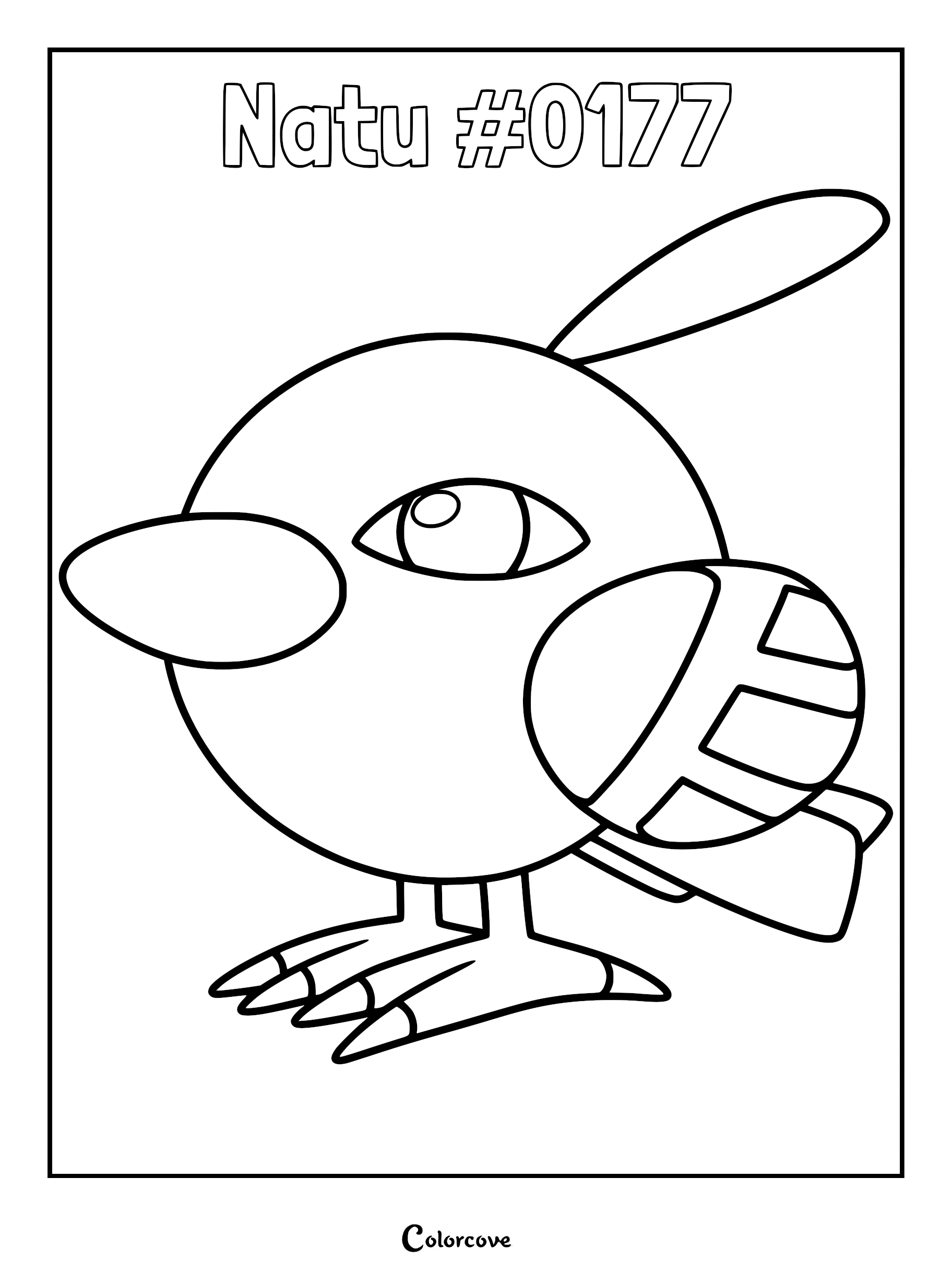 Natu Pokemon #0177 standing in profile view, a simple line art coloring page featuring its round body, large eye, and patterned wing.