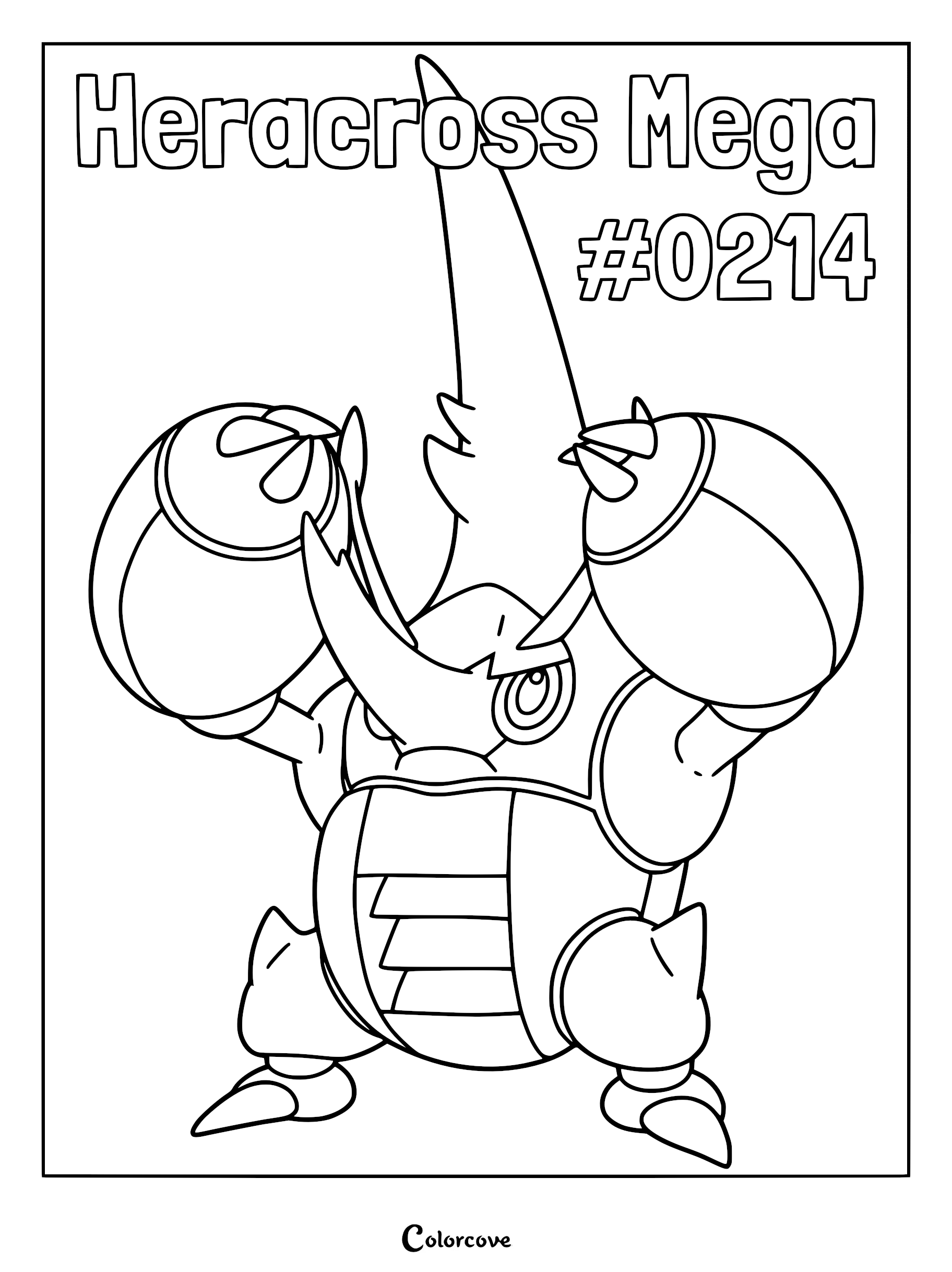 Mega Heracross with a large horn and massive pincers in a detailed coloring page.