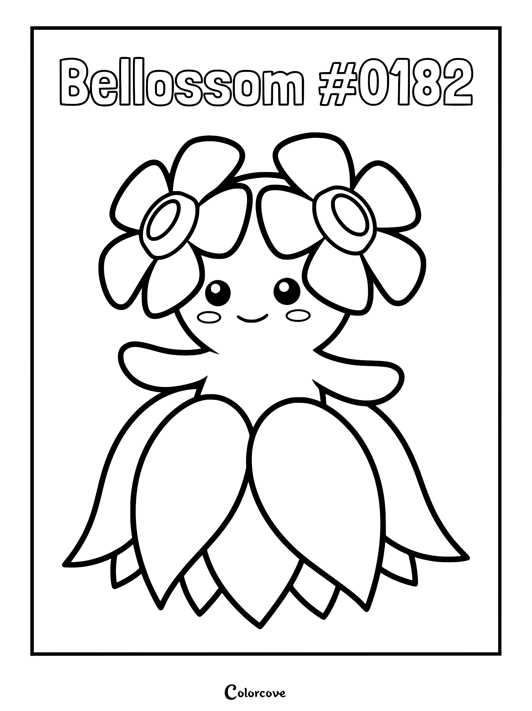 Bellossom #0182 Pokemon coloring page featuring the grass-type creature with two large flowers on its head and a leaf skirt.