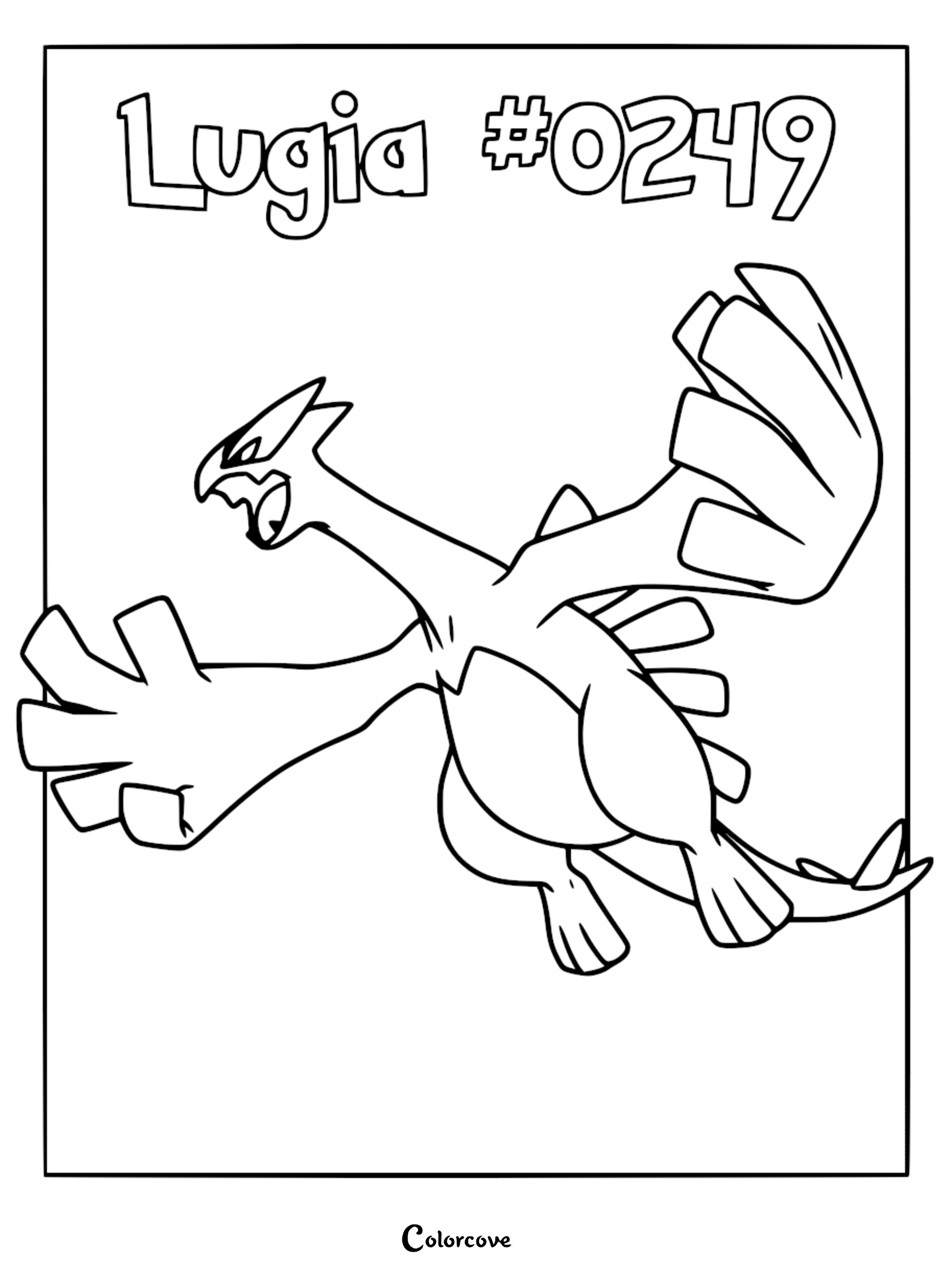 Lugia #0249 flying with wings spread wide in this printable Pokemon Johto coloring page