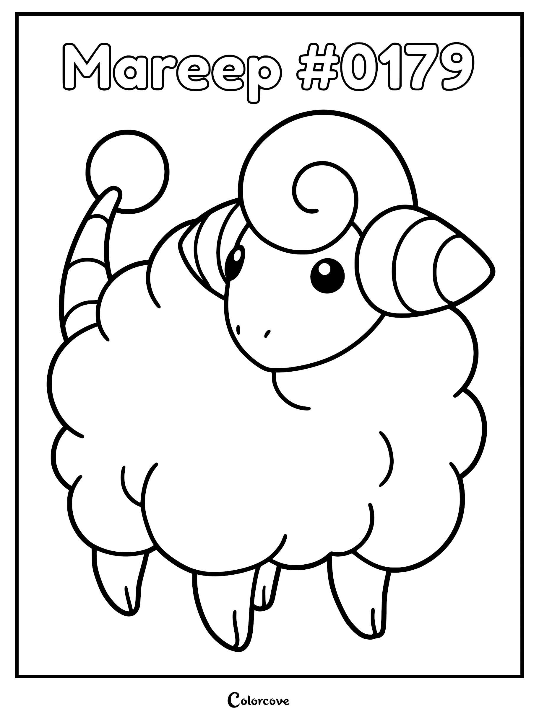 A printable Mareep coloring page featuring the electric sheep Pokemon with its signature curled horns and orb-tipped tail.