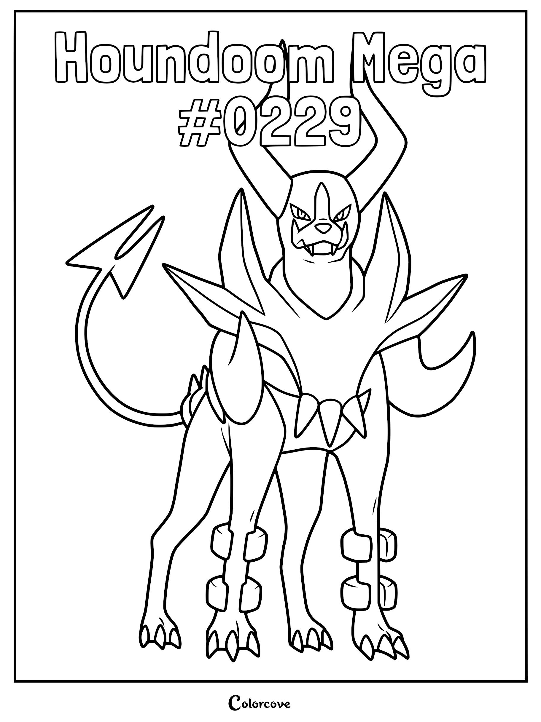 Mega Houndoom coloring page featuring the Johto Pokemon with large horns and bone-like armor plates.