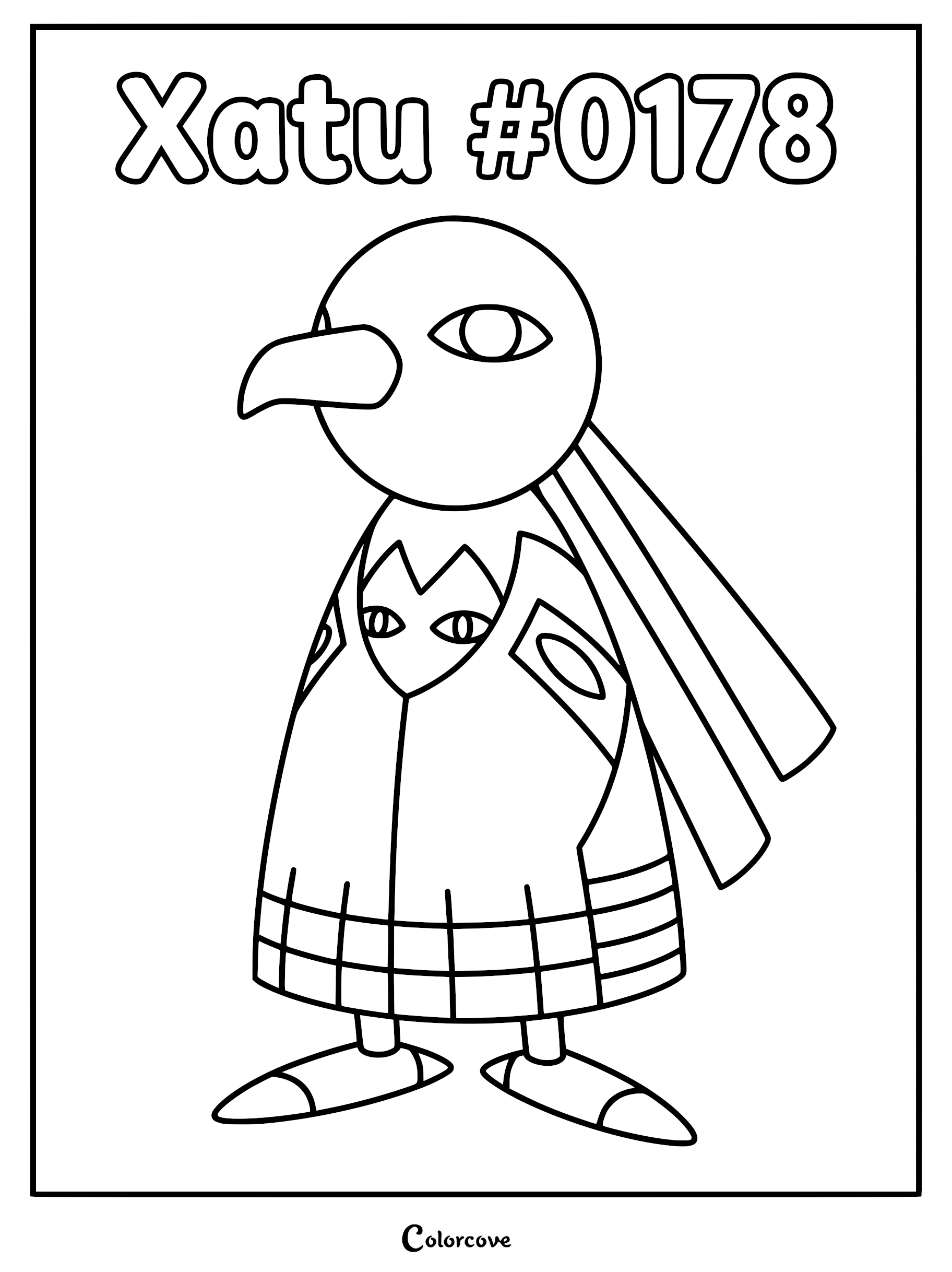 A printable coloring page featuring the Johto Pokemon Xatu standing still with its distinct eye patterns on its wings and chest.