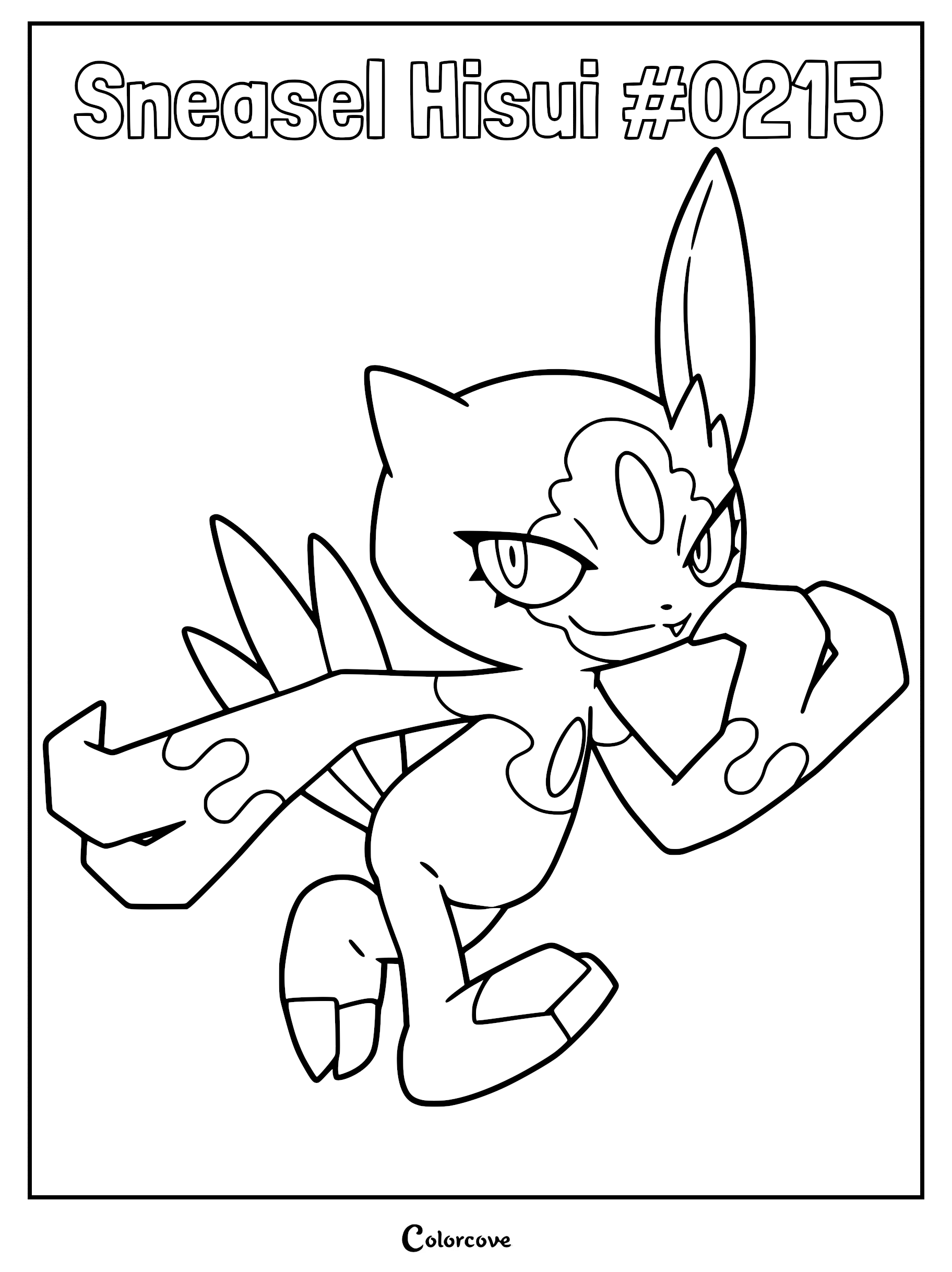 Hisuian Sneasel standing in a dynamic pose on a printable coloring page.