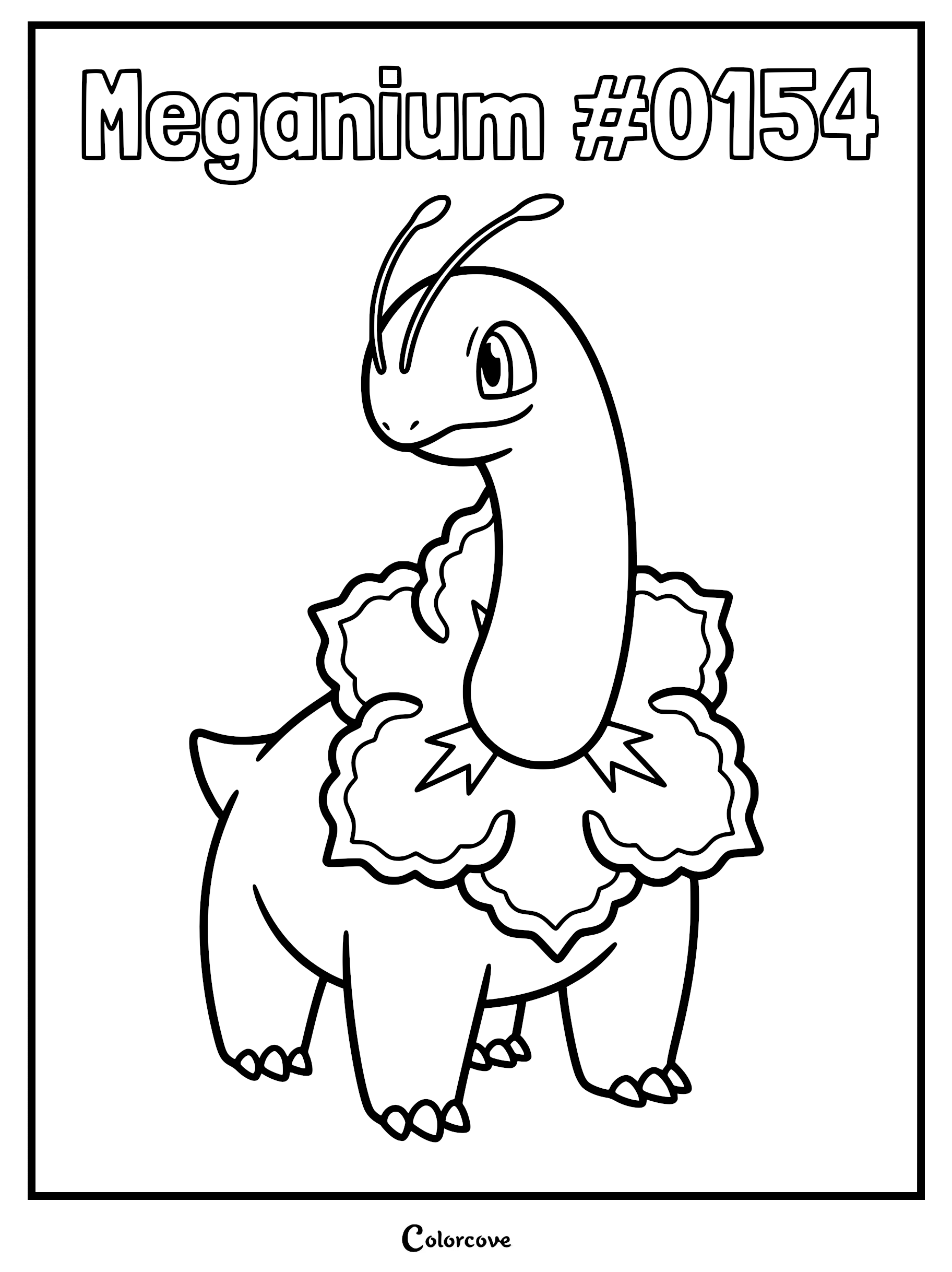 Meganium standing tall with its signature flower petals in this printable Pokemon Johto coloring page.