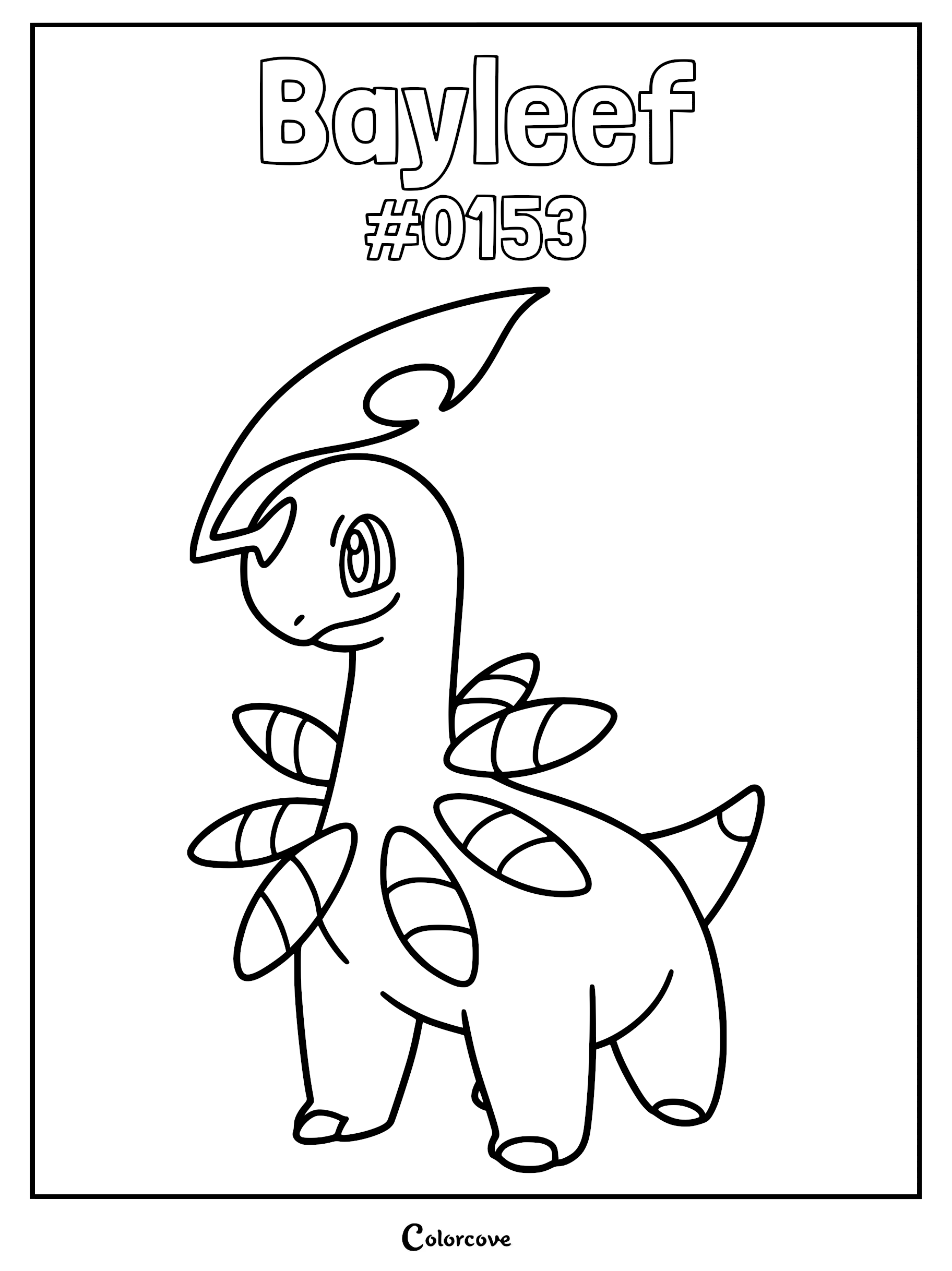 A printable Bayleef coloring page featuring the Johto Pokemon with its signature leaf-shaped head crest and neck buds.