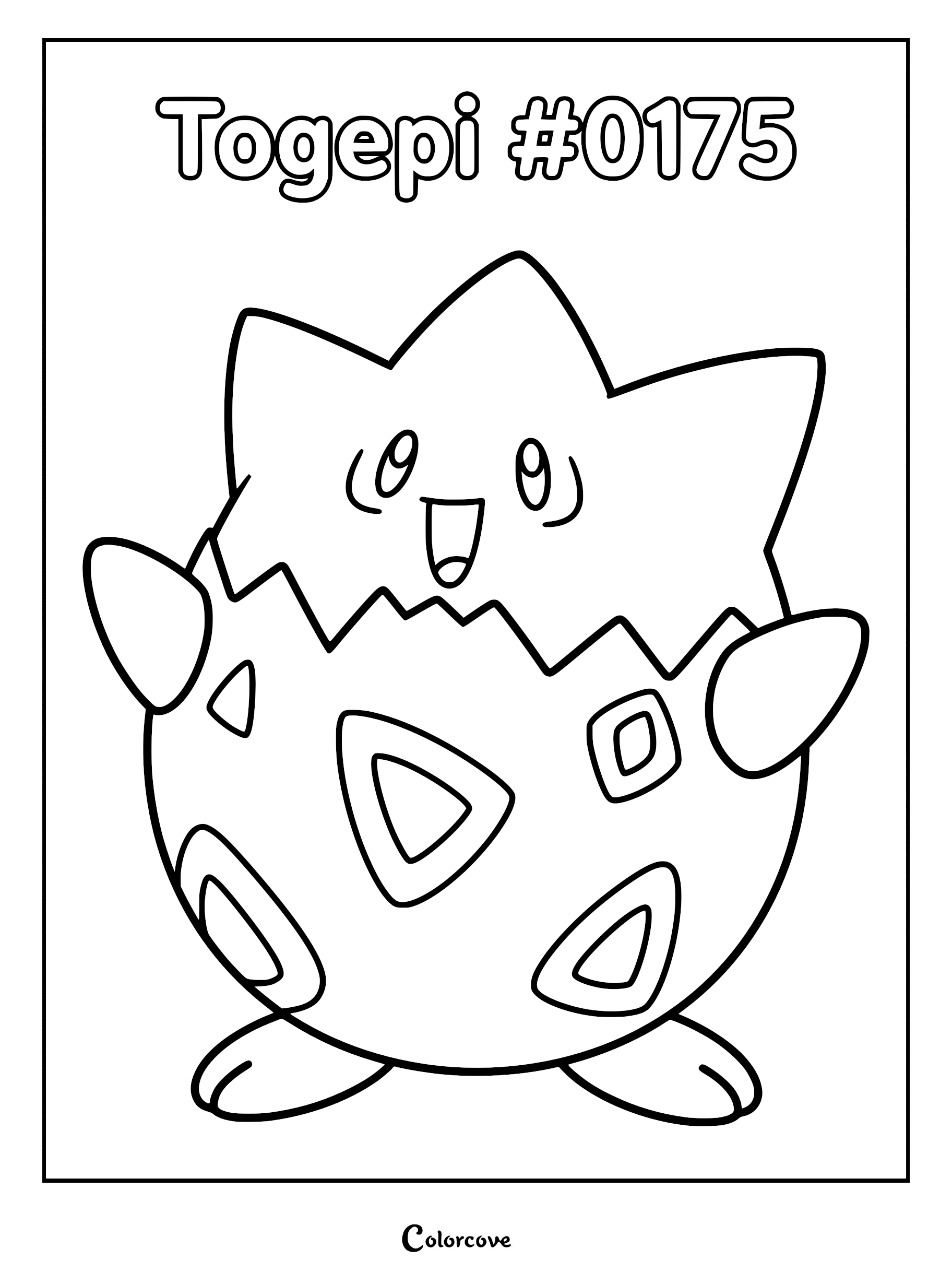A printable coloring page featuring Togepi #0175 with its signature eggshell body and triangular patterns.