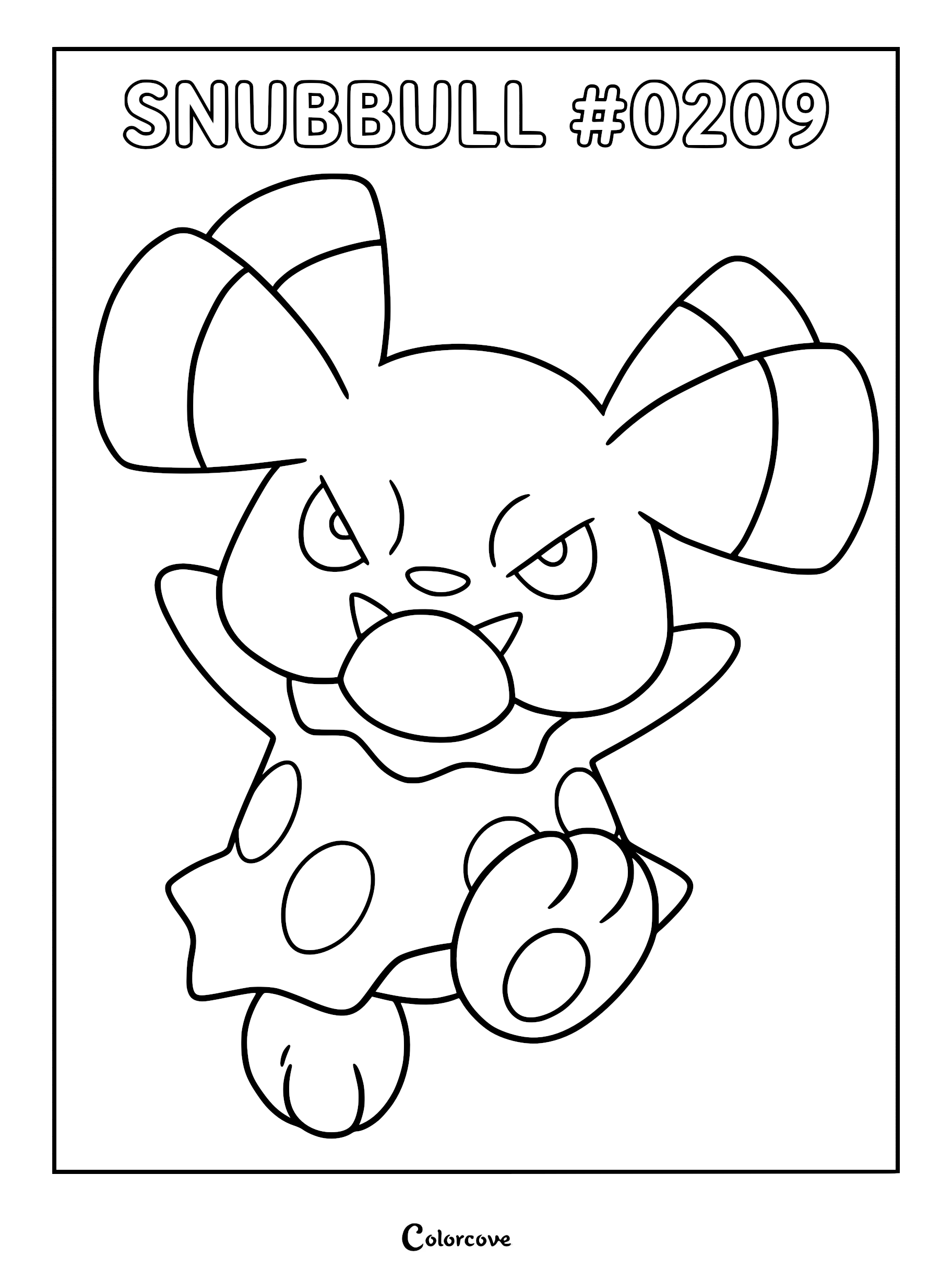 Snubbull Pokemon #0209 with large ears and spotted pattern in a printable coloring page format