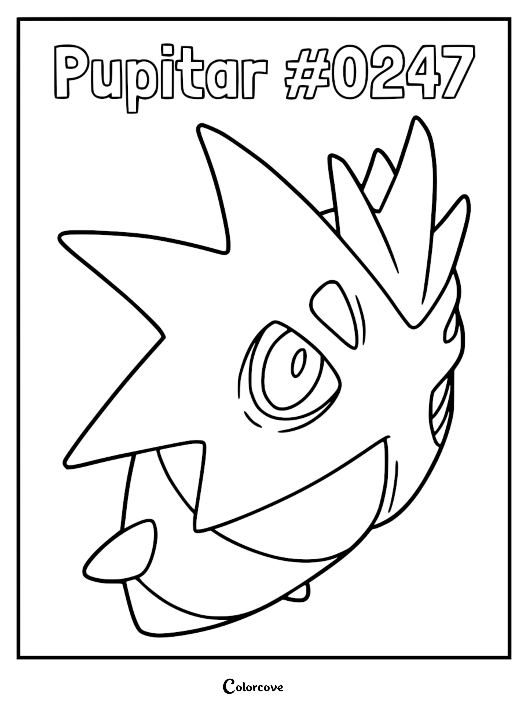 A detailed line art coloring page featuring the head and upper body of the Johto Pokemon Pupitar #0247 with its signature spiky shell.