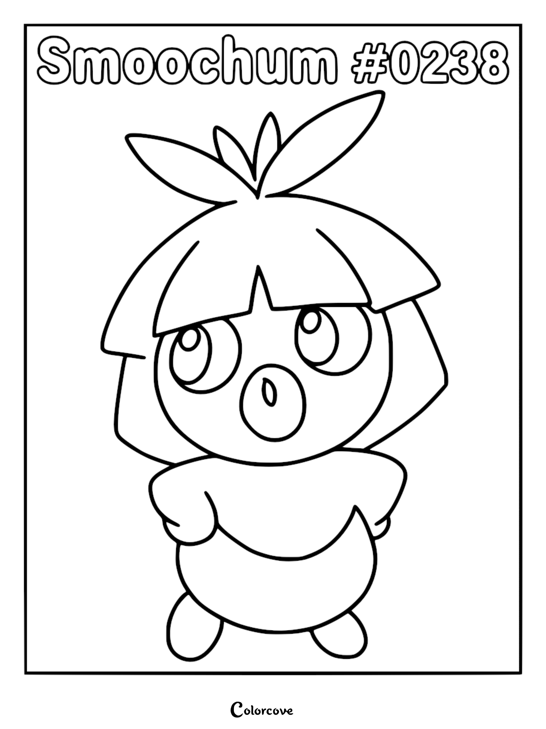 A printable coloring page featuring Smoochum with its signature bob haircut and puckered lips.