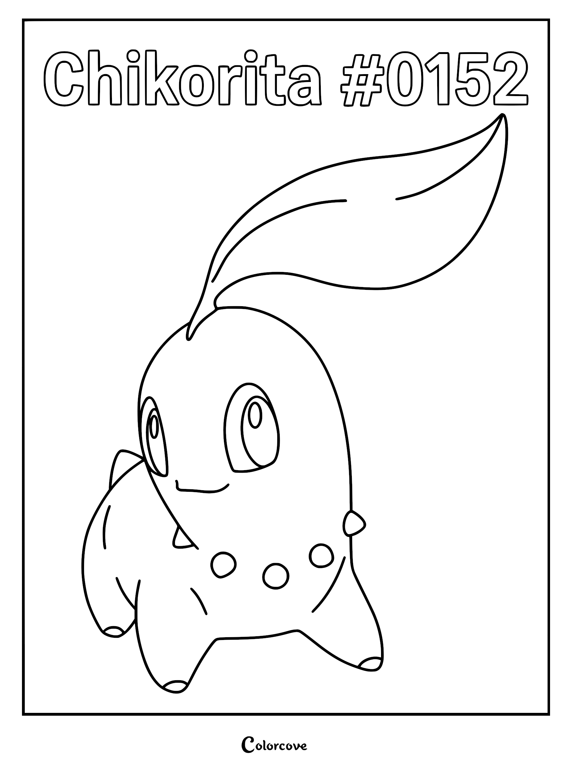 A printable coloring page featuring Chikorita #0152 with its signature large leaf on its head and small buds around its neck.
