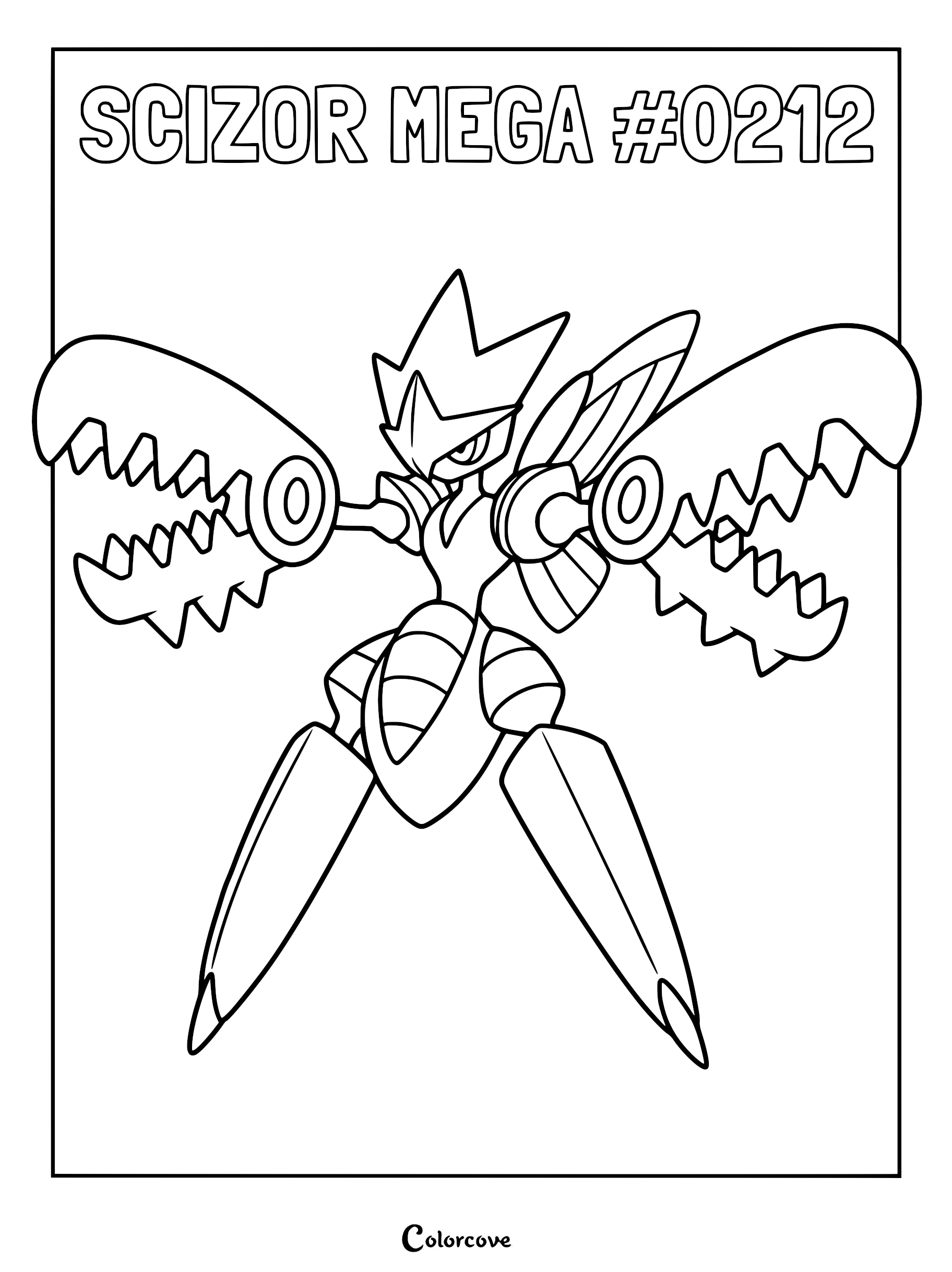Mega Scizor coloring page featuring the powerful Bug and Steel type Pokemon with massive serrated pincers.