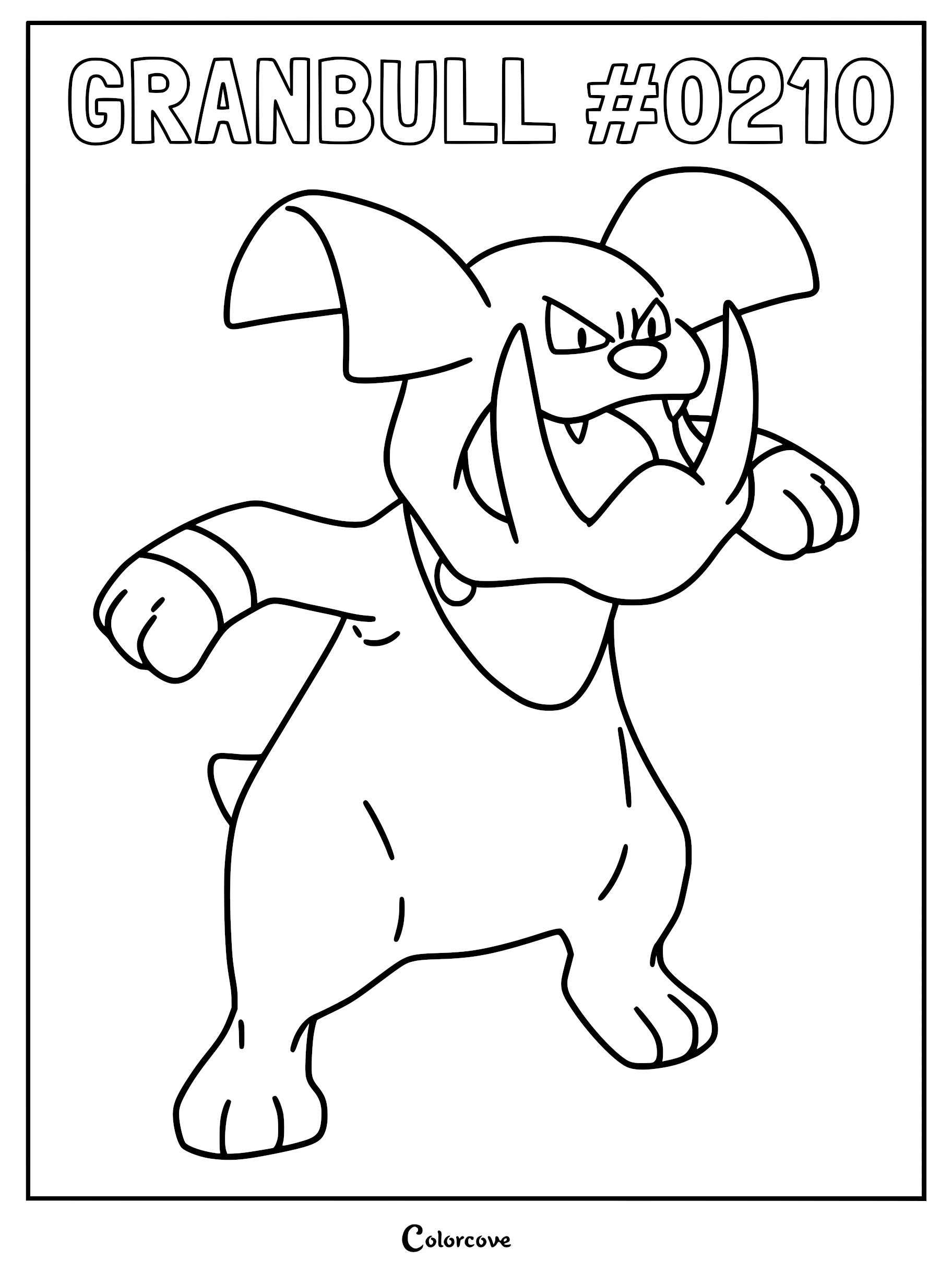 Granbull #0210 standing in a fierce pose with large tusks for a printable coloring page