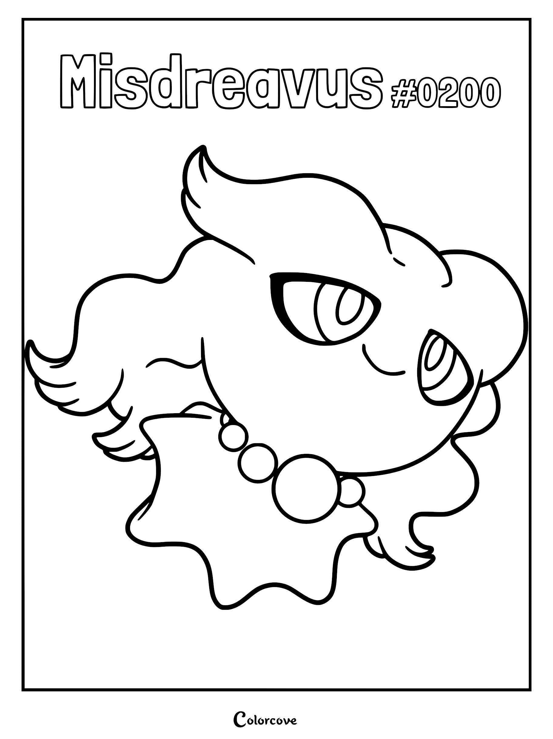A printable coloring page featuring the ghost-type Pokemon Misdreavus with its signature red necklace and flowing hair.