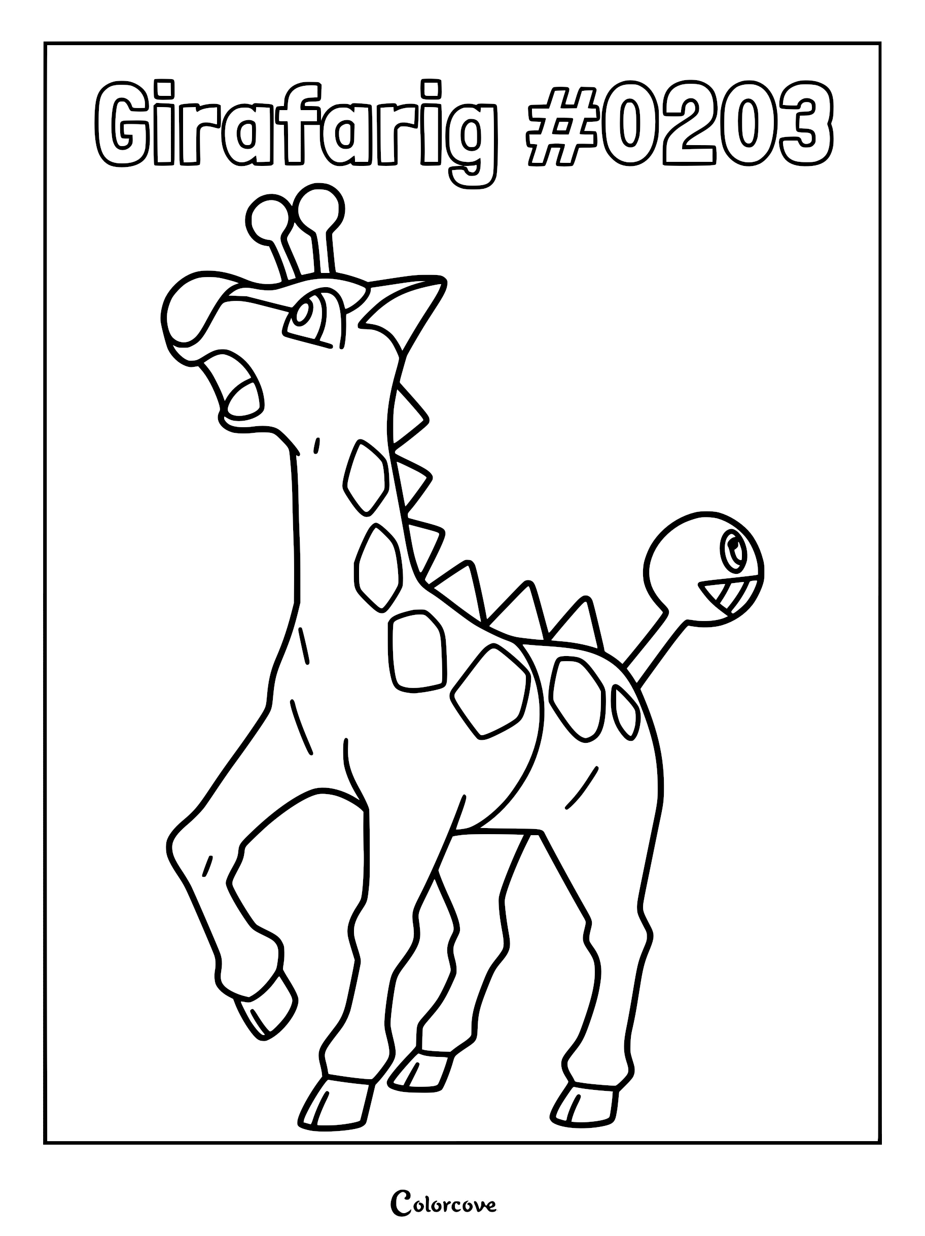 Girafarig Pokemon coloring page featuring the long-necked creature with its small tail head looking back.