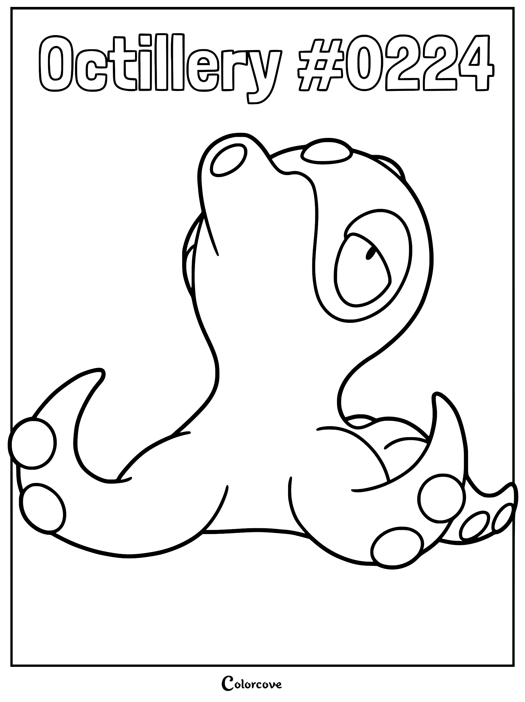 Octillery #0224 line art coloring page featuring the cephalopod Pokemon looking upward with its tentacles spread out.