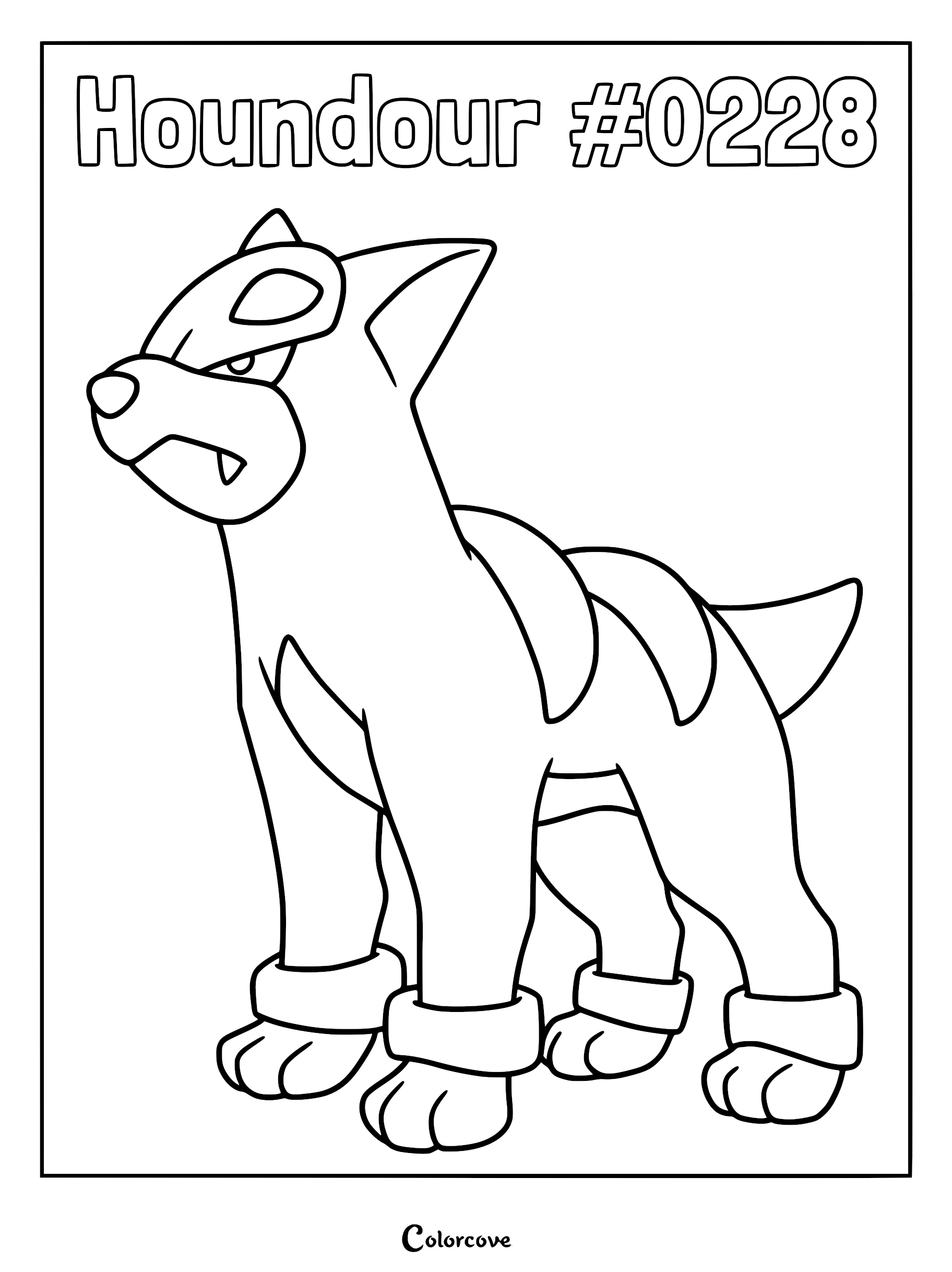 Houndour standing in a side profile view on a printable coloring page with its signature skull-like head markings and ankle bands.