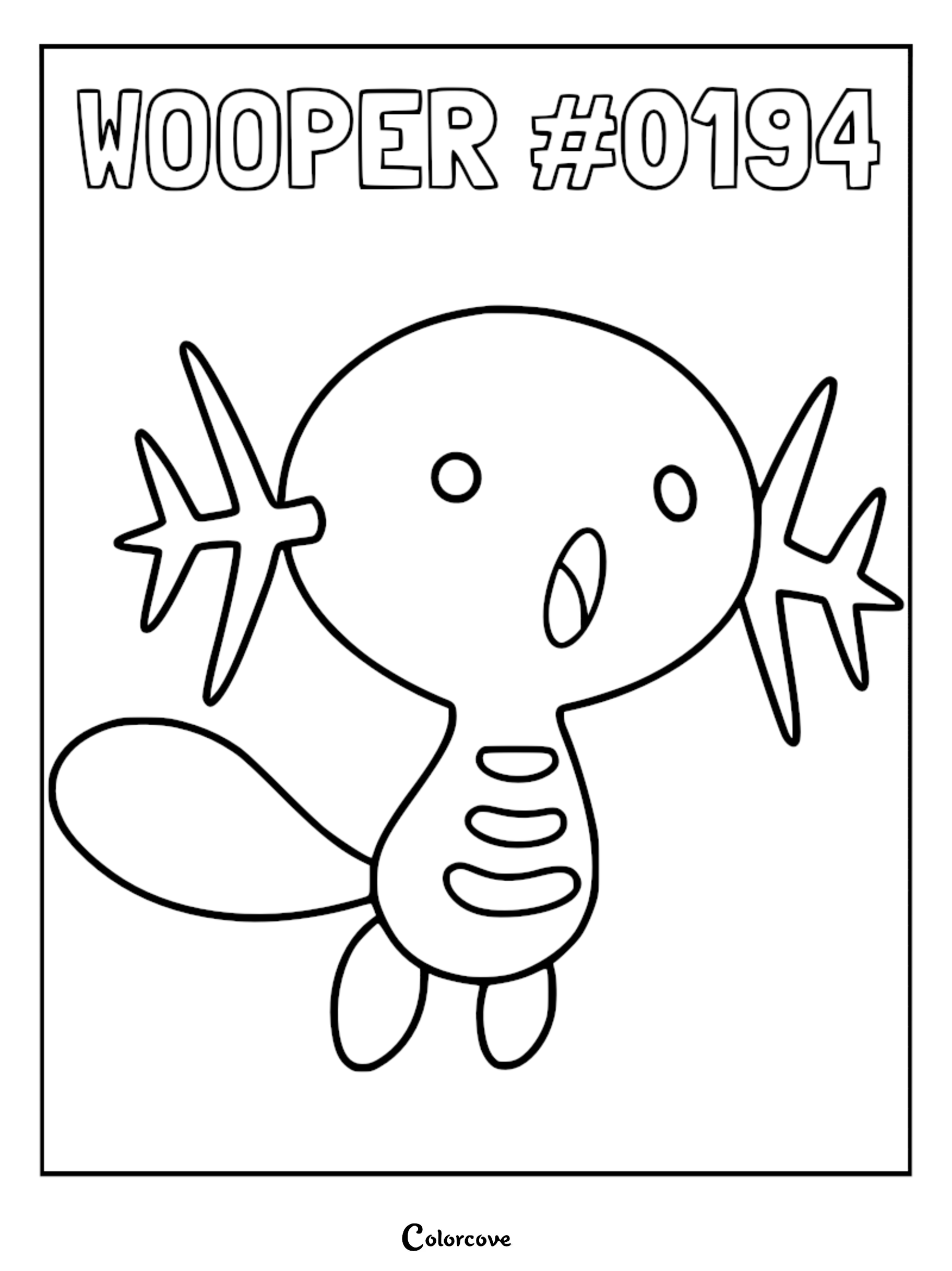 A printable coloring page featuring the Johto Pokemon Wooper with its signature branch-like gills and wide mouth.