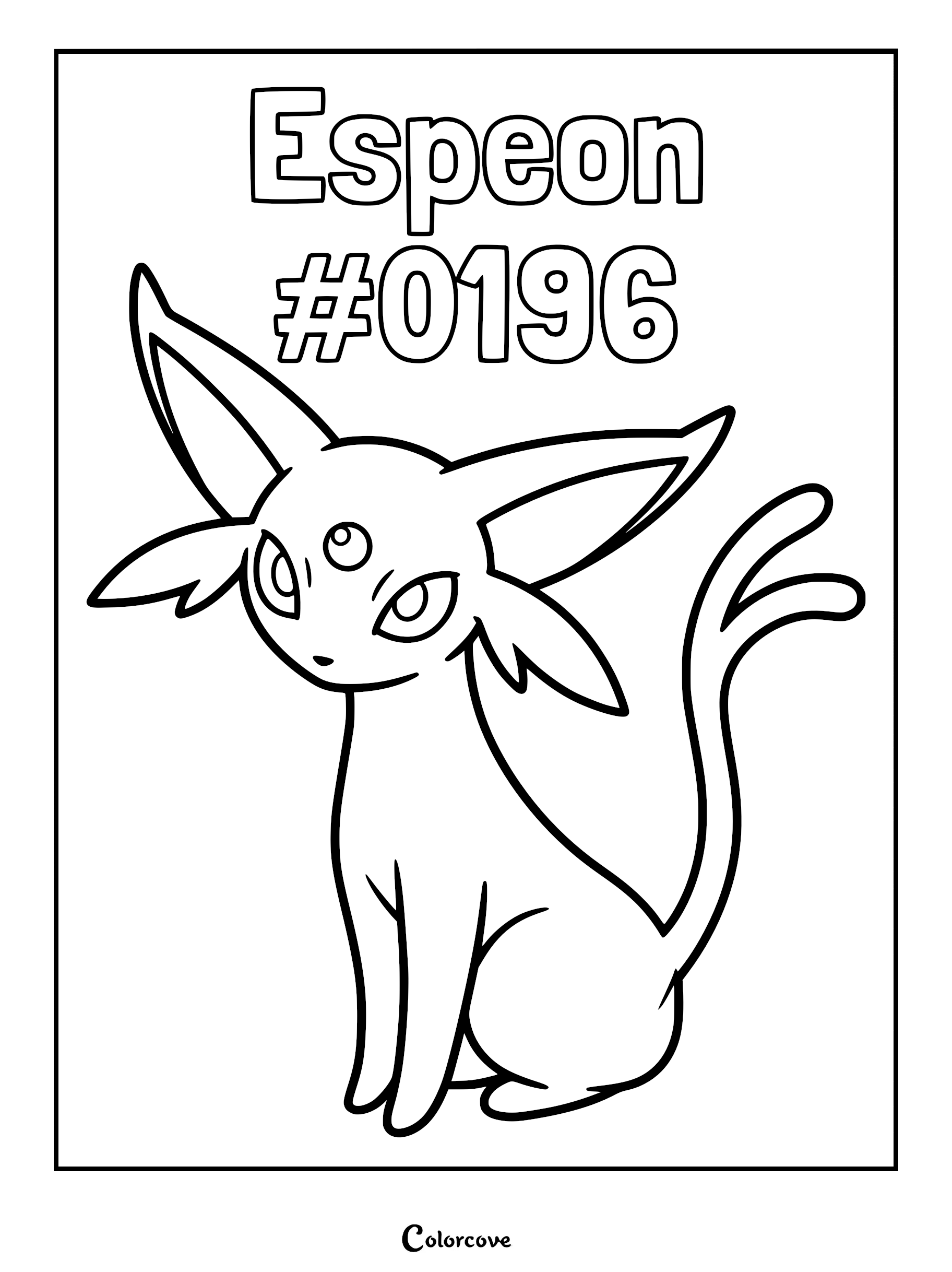 Espeon Pokemon Johto coloring page featuring the psychic cat-like creature with a split tail and forehead gem