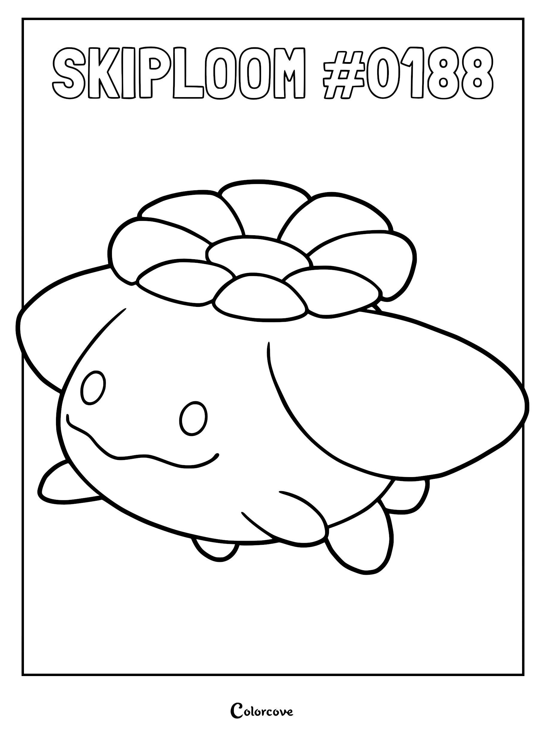 A printable coloring page featuring the Johto Pokemon Skiploom with its signature flower petals on its head.