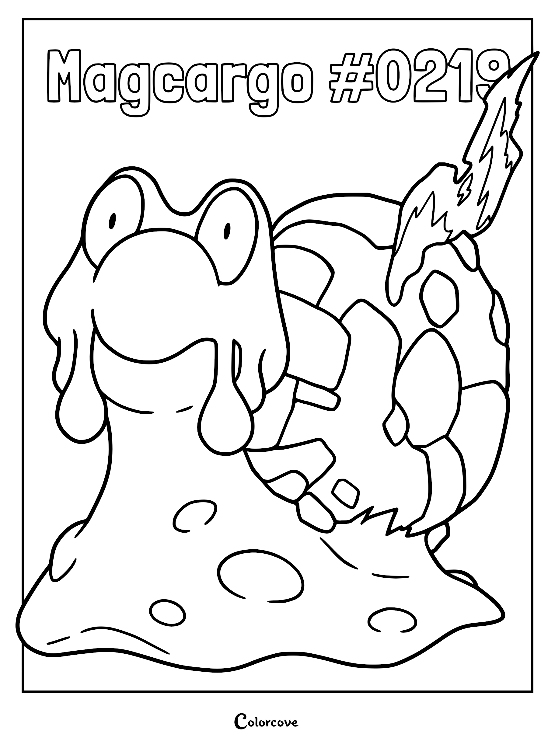 Magcargo Pokemon Johto coloring page featuring the lava snail with a rocky shell and flames